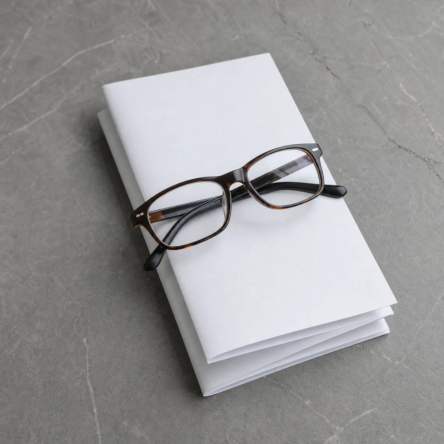 A pair of tortoiseshell-framed eyeglasses resting on a folded stack of blank white paper on a gray stone surface.