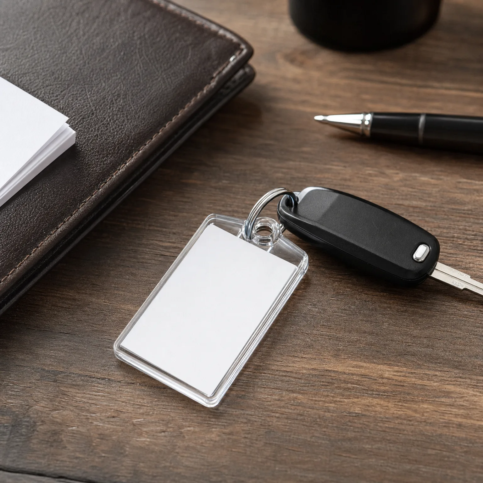 A clear acrylic rectangular keychain with a blank white insert attached by a split ring to a black folding car key, resting on a wooden table beside a dark leather notebook and a black pen.