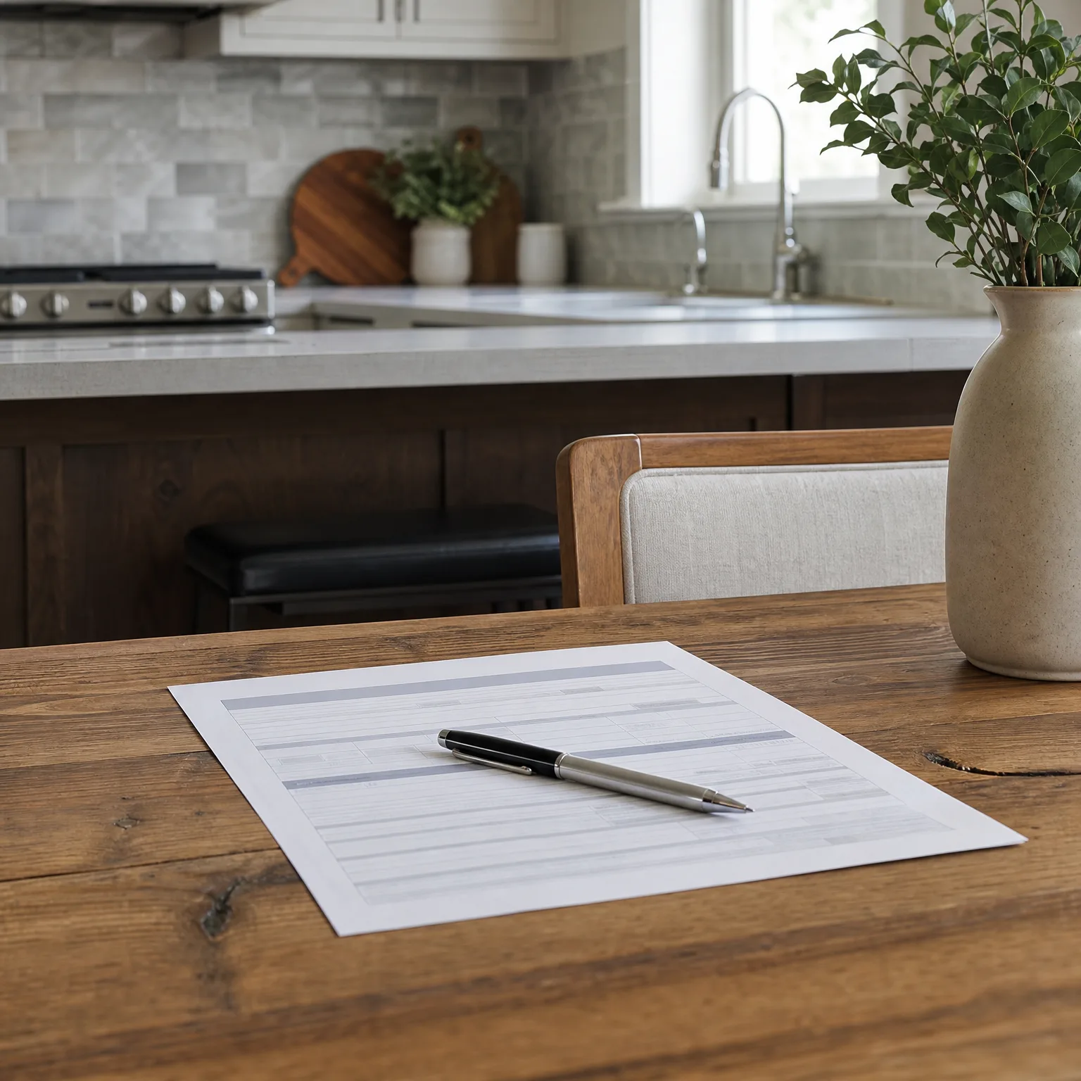 A printed document with a pen resting on it lies on a wooden table in a kitchen, with a ceramic vase of greenery at right and a blurred island, stove and sink in the background.