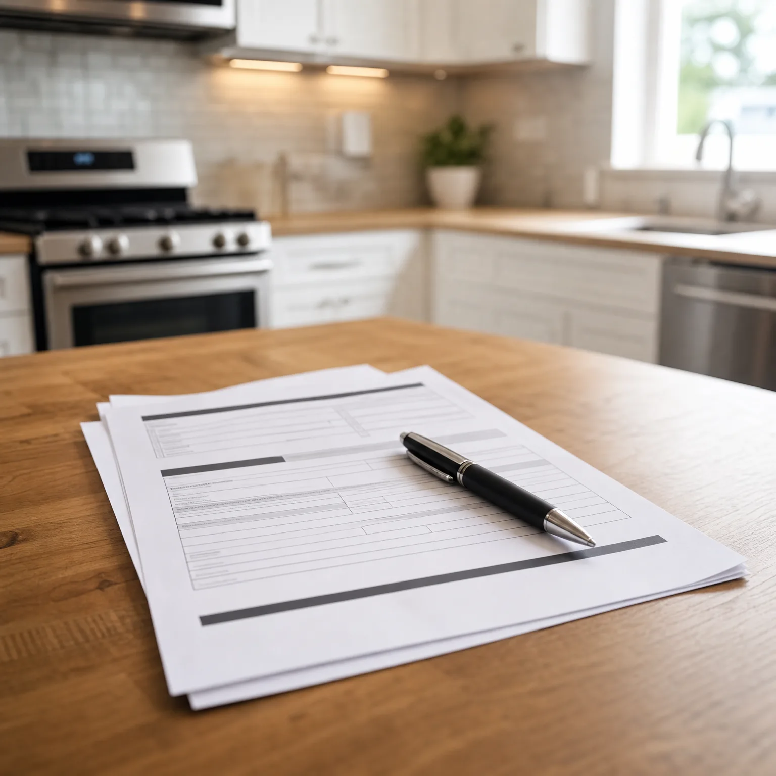 A stack of printed forms with a black and silver pen rests on a wooden table in a kitchen with white cabinets, a stainless steel range and dishwasher, and a window in the background.