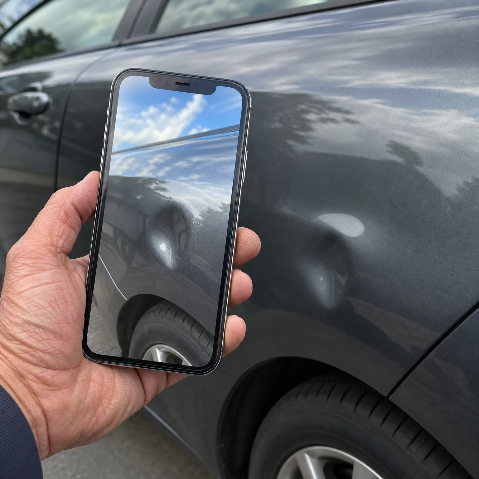 A hand holds a smartphone with a reflective screen in front of the side panel of a dark grey car that shows a shallow dent.