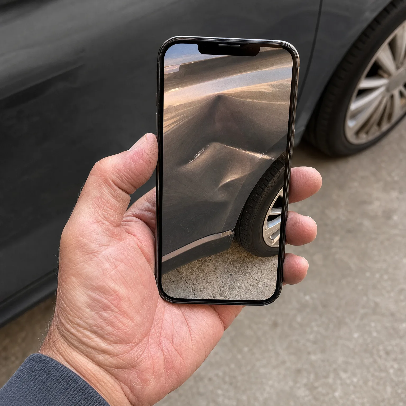 A hand holds a smartphone displaying a close-up photo of a dented dark car panel above a wheel, with the actual dark car and pavement in the background.