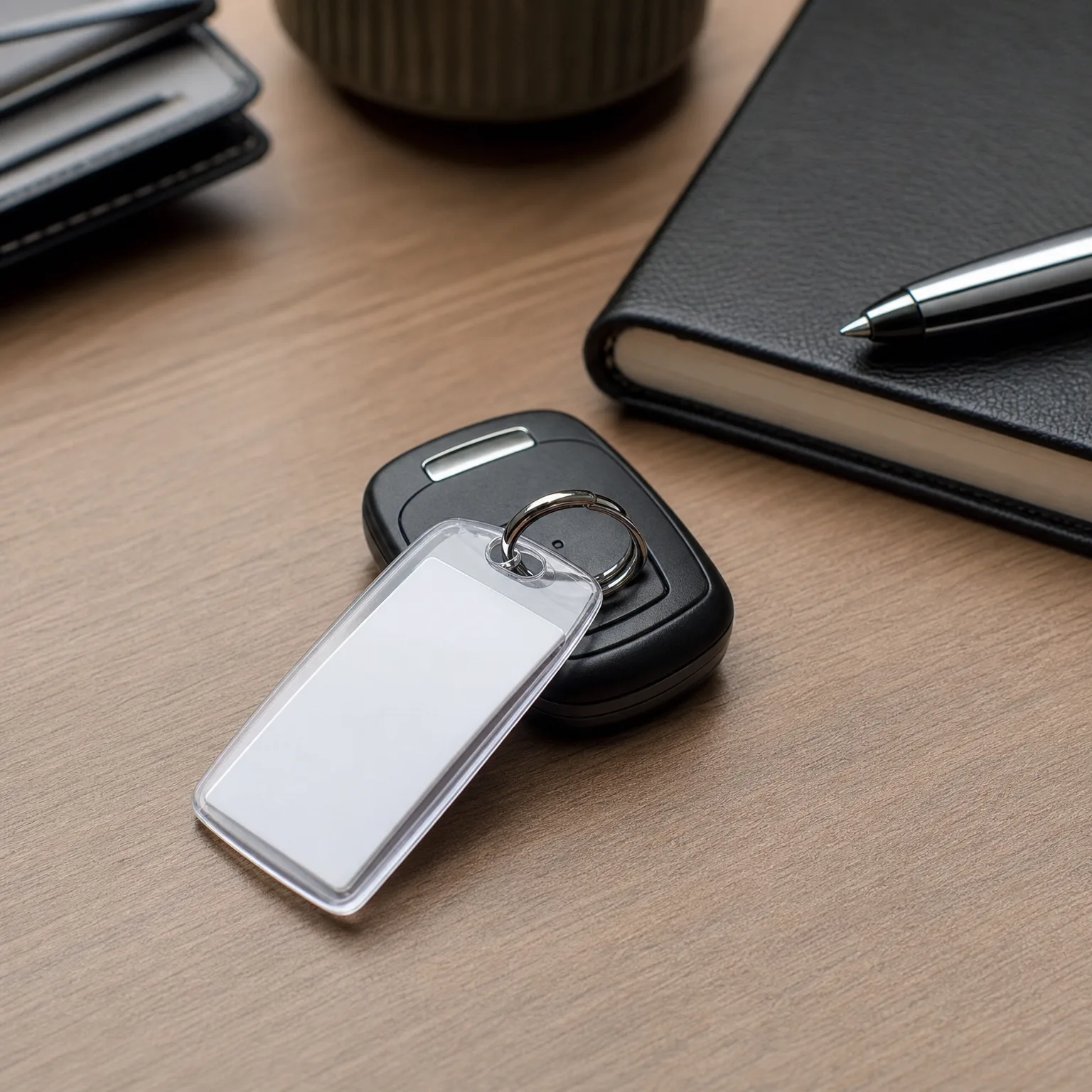 A blank white rectangular keyring tag on a split ring attached to a black car key fob, resting on a light wood desk beside a black notebook with a silver pen.