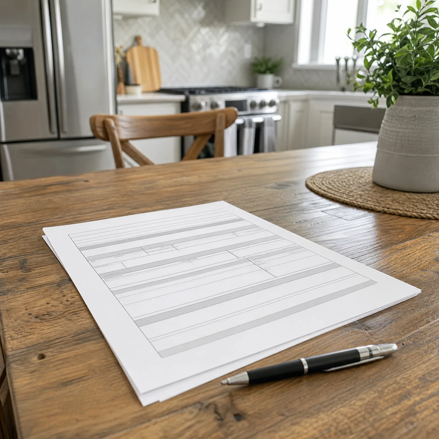 A blank ruled form on white paper lies with a black pen on a wooden table in a kitchen with a stainless steel refrigerator, range, wooden chair, and potted plant in the blurred background.