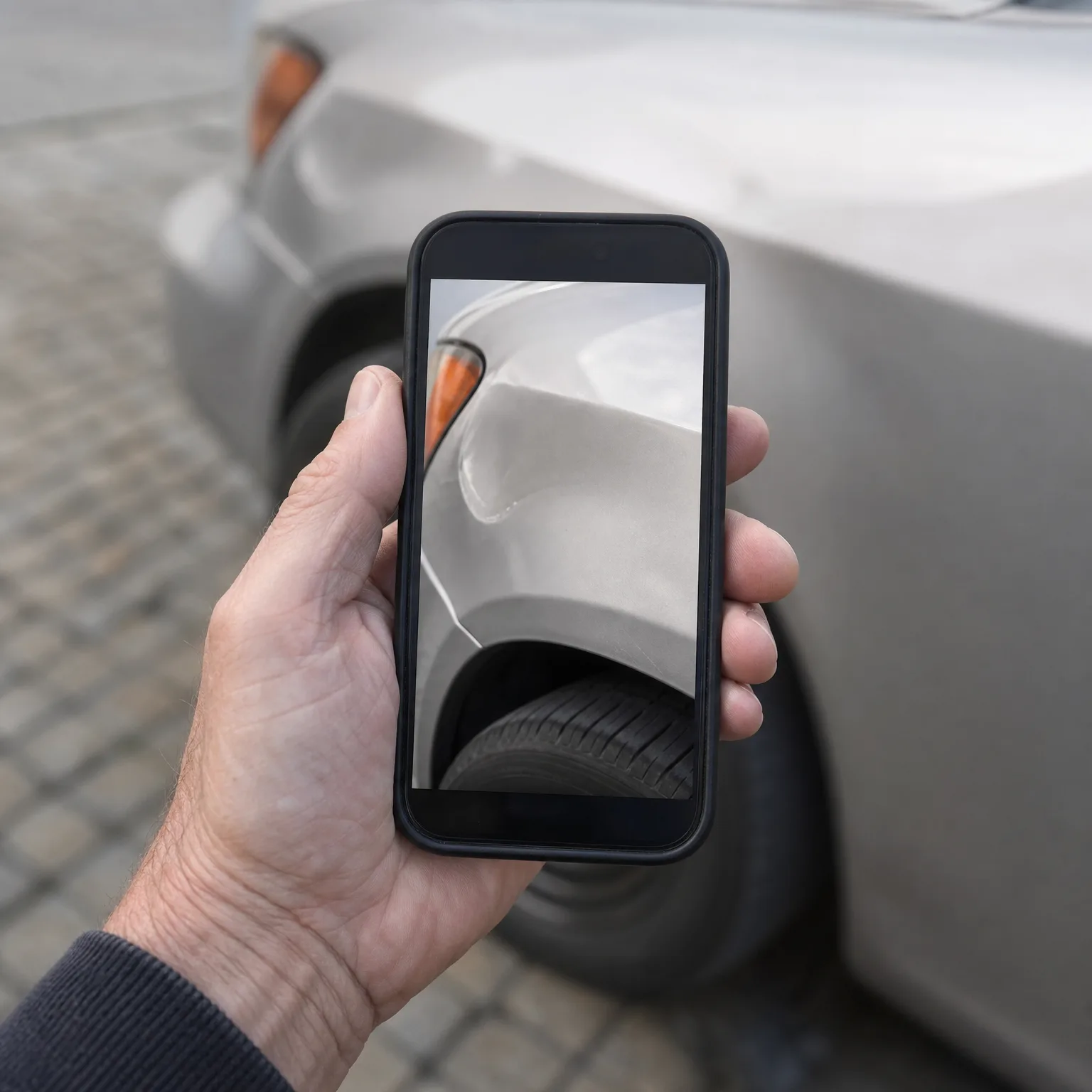 A hand holds a smartphone displaying a close-up photo of a dented silver car fender, with the same damaged car blurred in the background on a cobblestone surface.