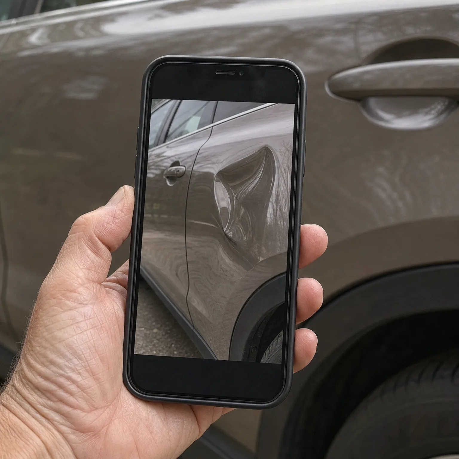 A hand holds a smartphone in front of a brown car's side panel, with the screen showing a photo of a dent in that panel.