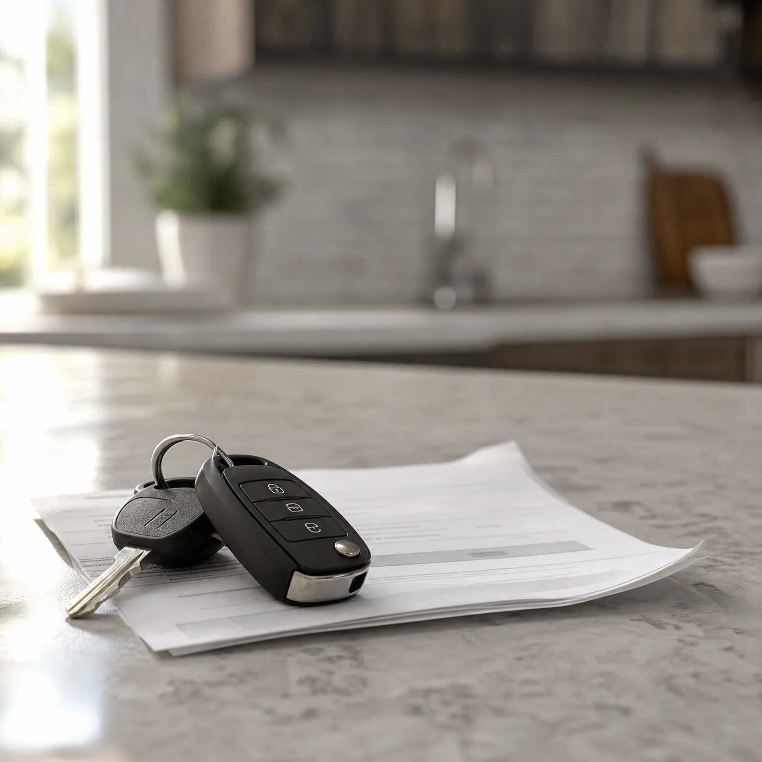 A black flip key fob and a metal key resting on printed papers on a marble countertop, with a blurred kitchen interior behind.
