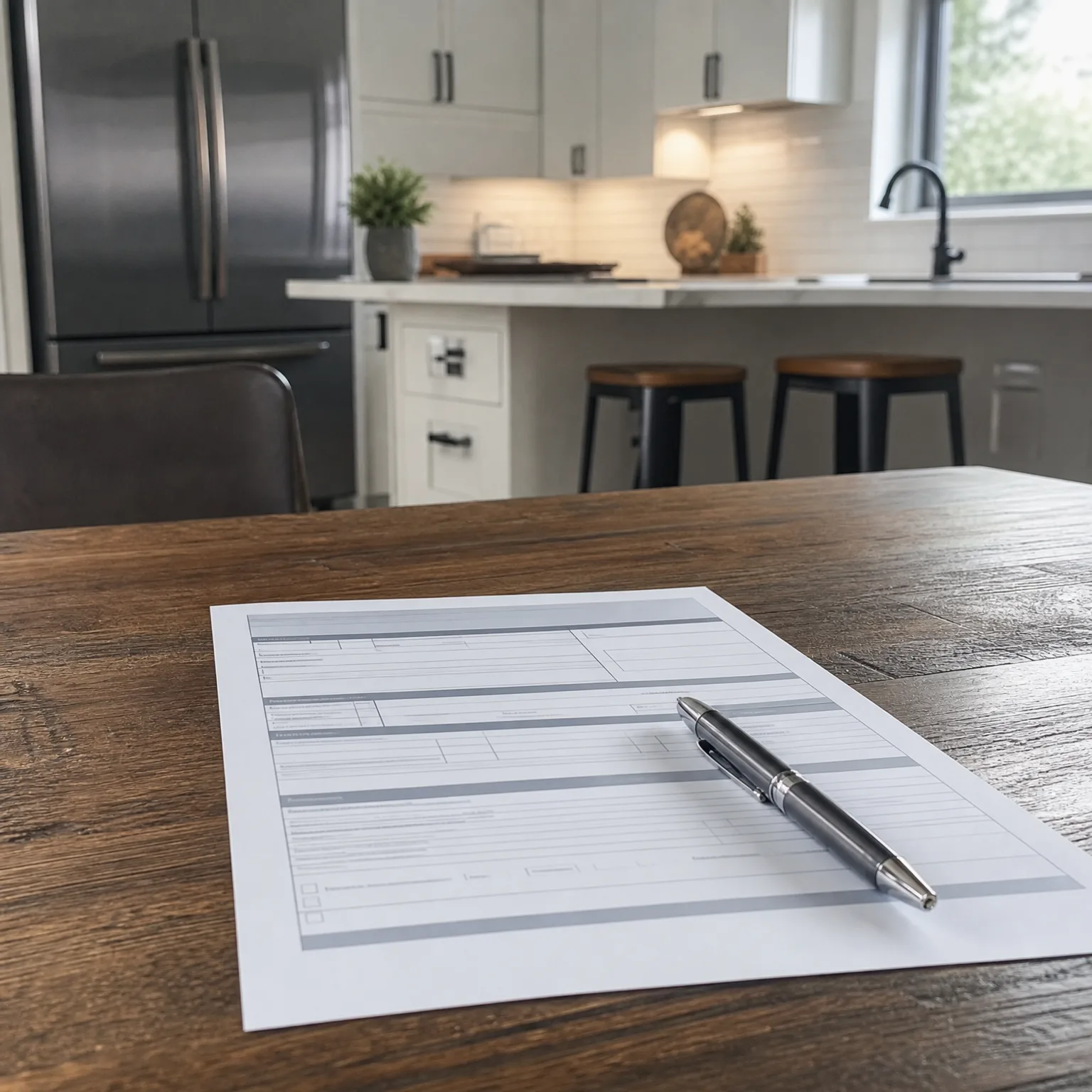 A blank printed form with a silver pen resting on it lies on a dark wooden table, with a blurred kitchen featuring a stainless steel refrigerator, white cabinets, island and two stools in the background.