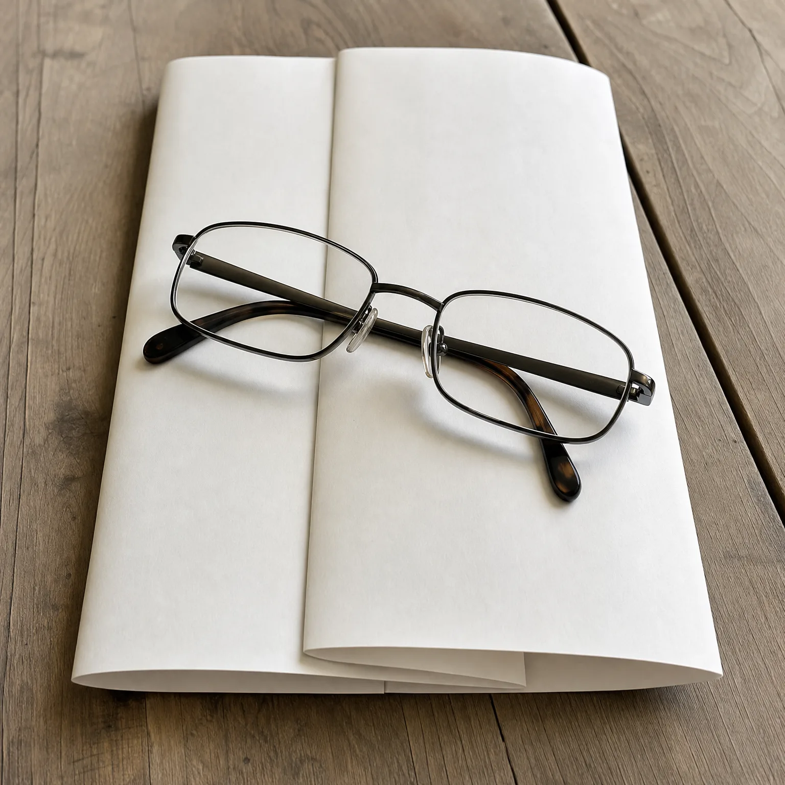 A pair of thin metal-framed eyeglasses rests on a folded blank white newspaper or paper sheet lying on a weathered wooden table.