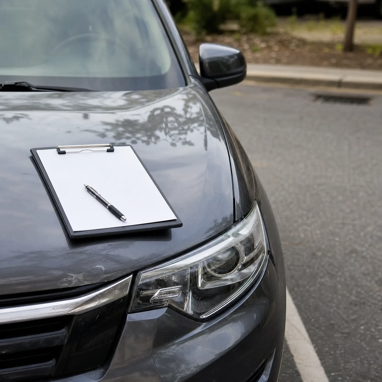 A clipboard with a blank sheet of paper and a black pen rests on the hood of a dark gray car parked on asphalt.