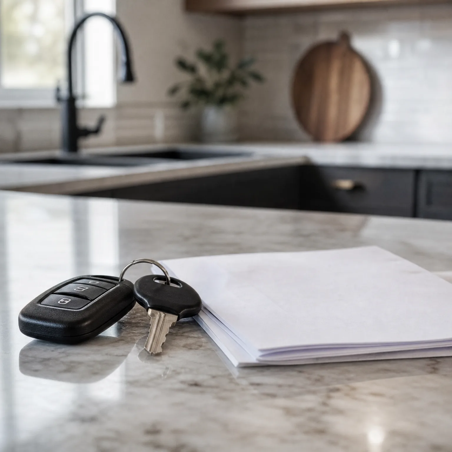 A black car key fob and a key on a ring rest beside a stack of blank white papers on a marble countertop, with a blurred kitchen sink, faucet, and round wooden board in the background.