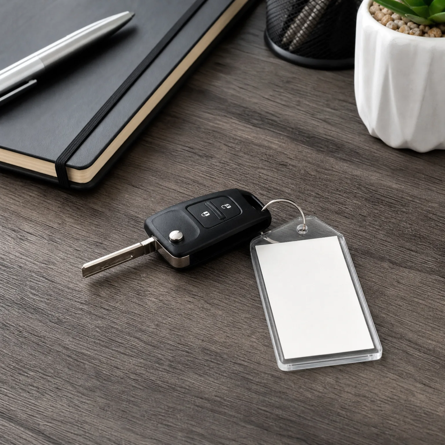 A black flip car key with a blank clear plastic keychain tag rests on a gray wood-grain surface beside a closed black notebook with pen and a white potted succulent.