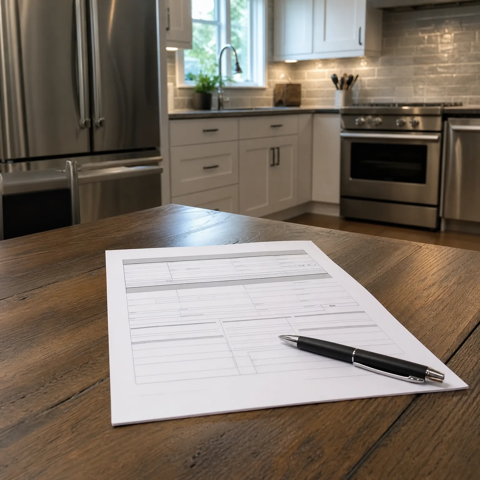A blank printed form with ruled boxes and a black pen rests on a dark wood table in a kitchen with white cabinets, stainless steel refrigerator, range and dishwasher.