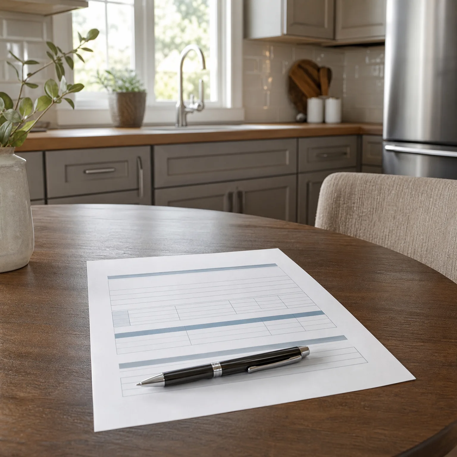 A blank printed form with blue table lines and a black pen rests on a round dark wood table in a kitchen with gray cabinets, a window over the sink, and a stainless steel refrigerator.