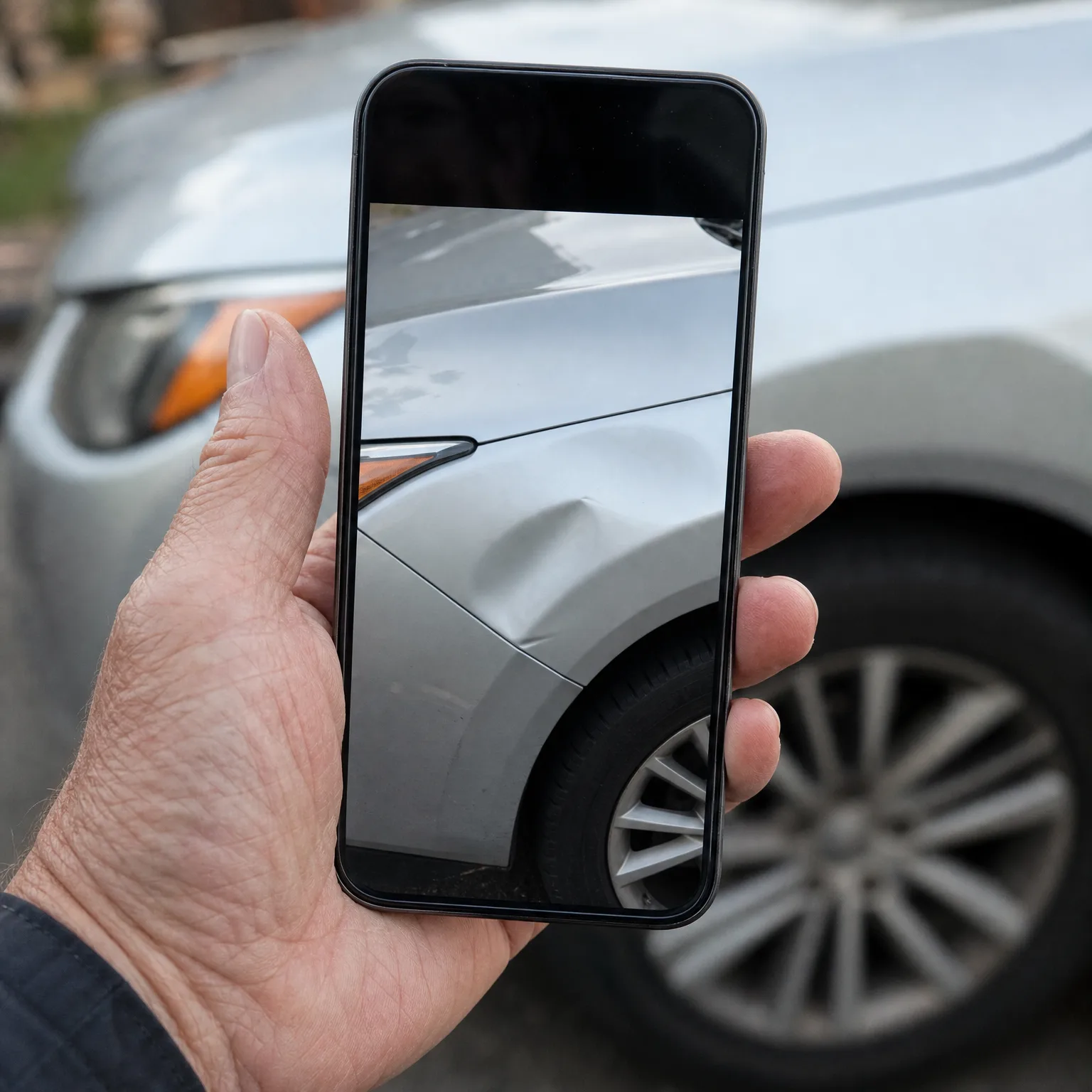 A hand holds a smartphone whose screen shows a close-up of a dented silver car fender, with the same car blurred in the background.