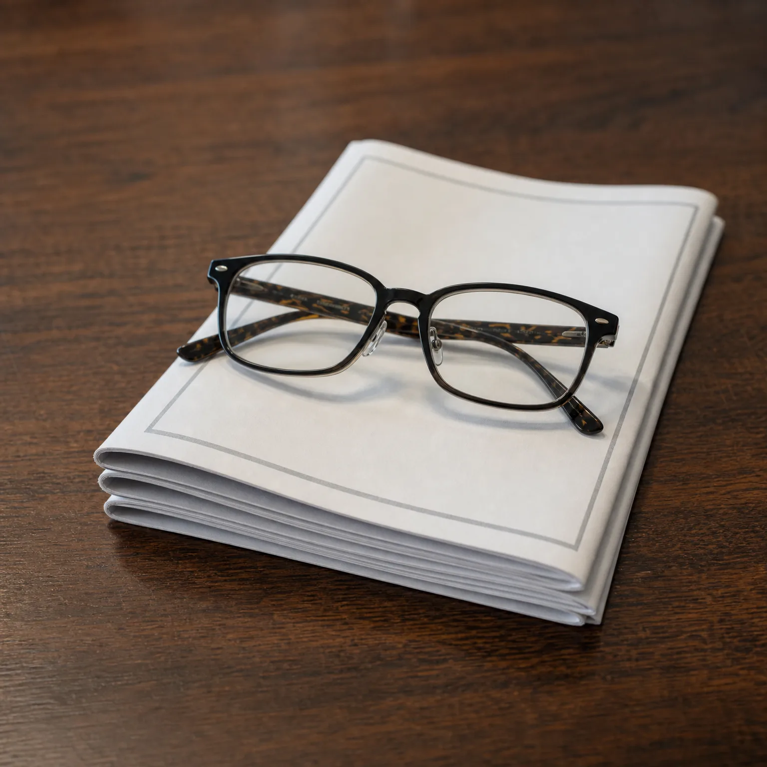 A pair of black-framed eyeglasses with tortoiseshell temples rests on a folded blank newspaper atop a dark wooden table.