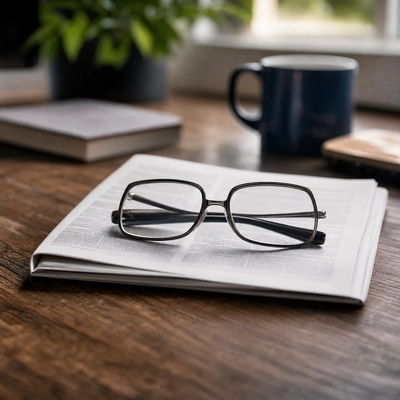 A pair of folded eyeglasses rests on a folded newspaper on a dark wooden table, with a blurred dark blue mug, books, and a potted plant in the background.