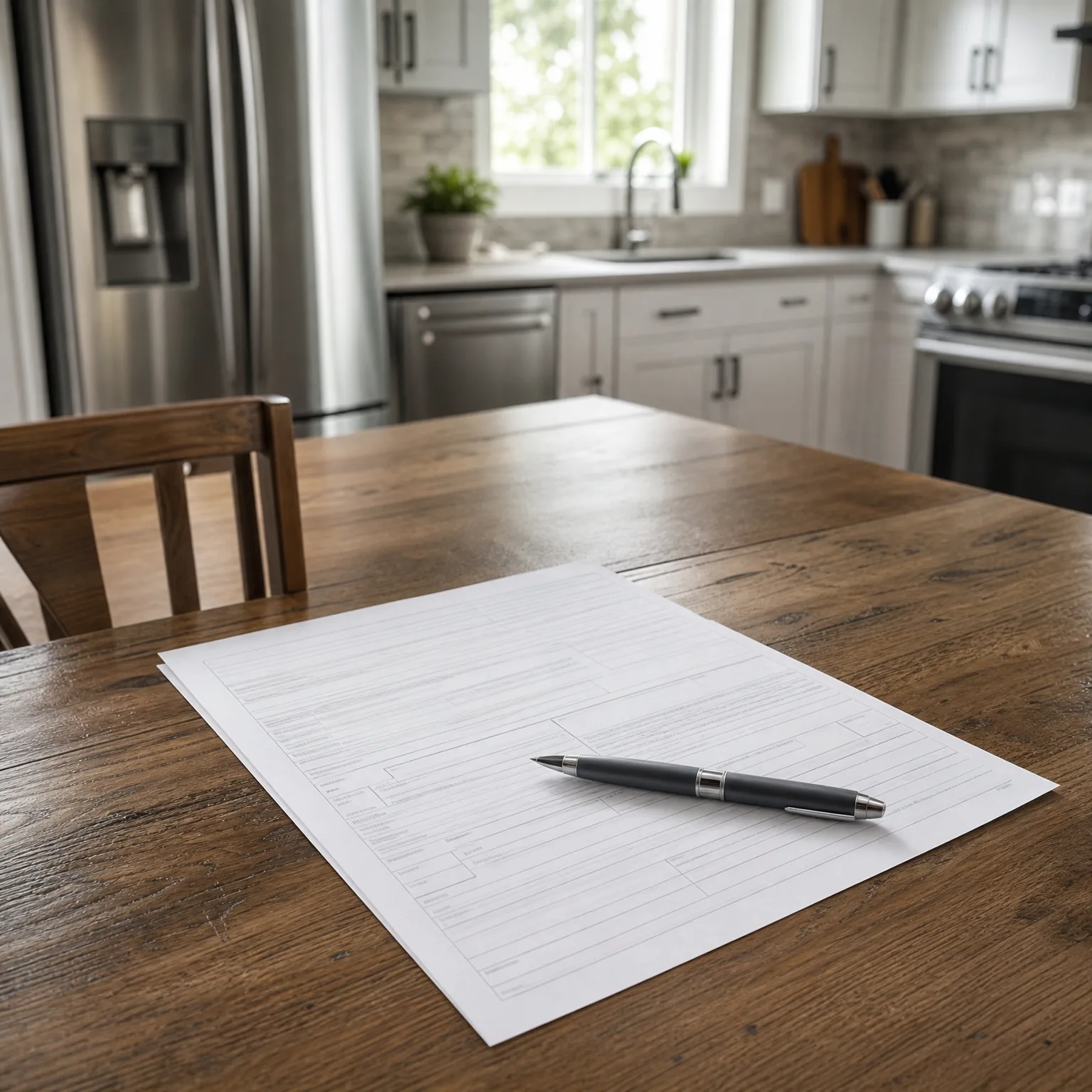 A printed form with blank lines and a black pen resting on it, lying on a wooden table in a kitchen with white cabinets, stainless steel refrigerator and range in the blurred background.