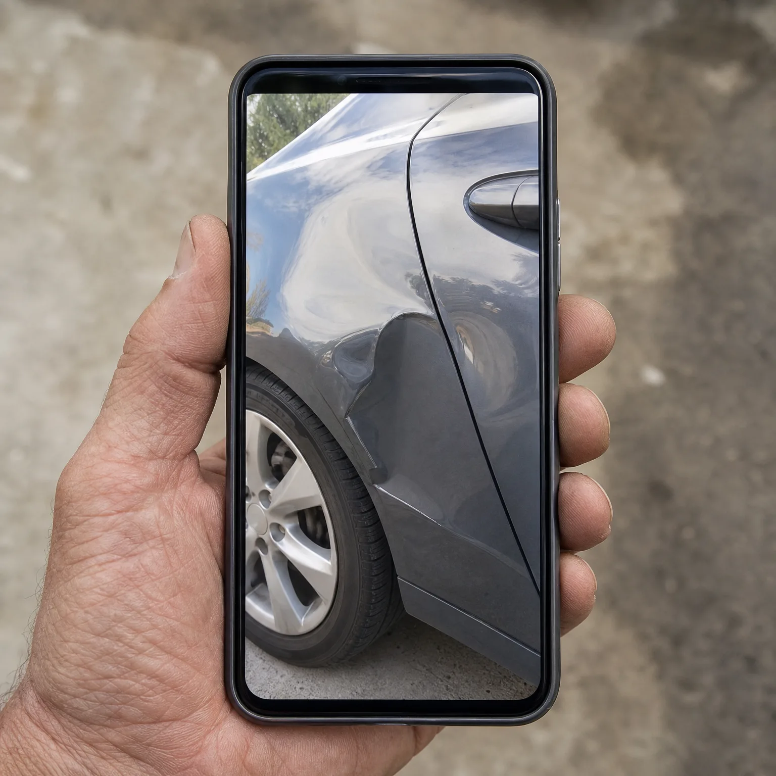 A hand holds a smartphone displaying a close-up photo of a dented gray car body panel above a front wheel, with a blurred concrete surface in the background.