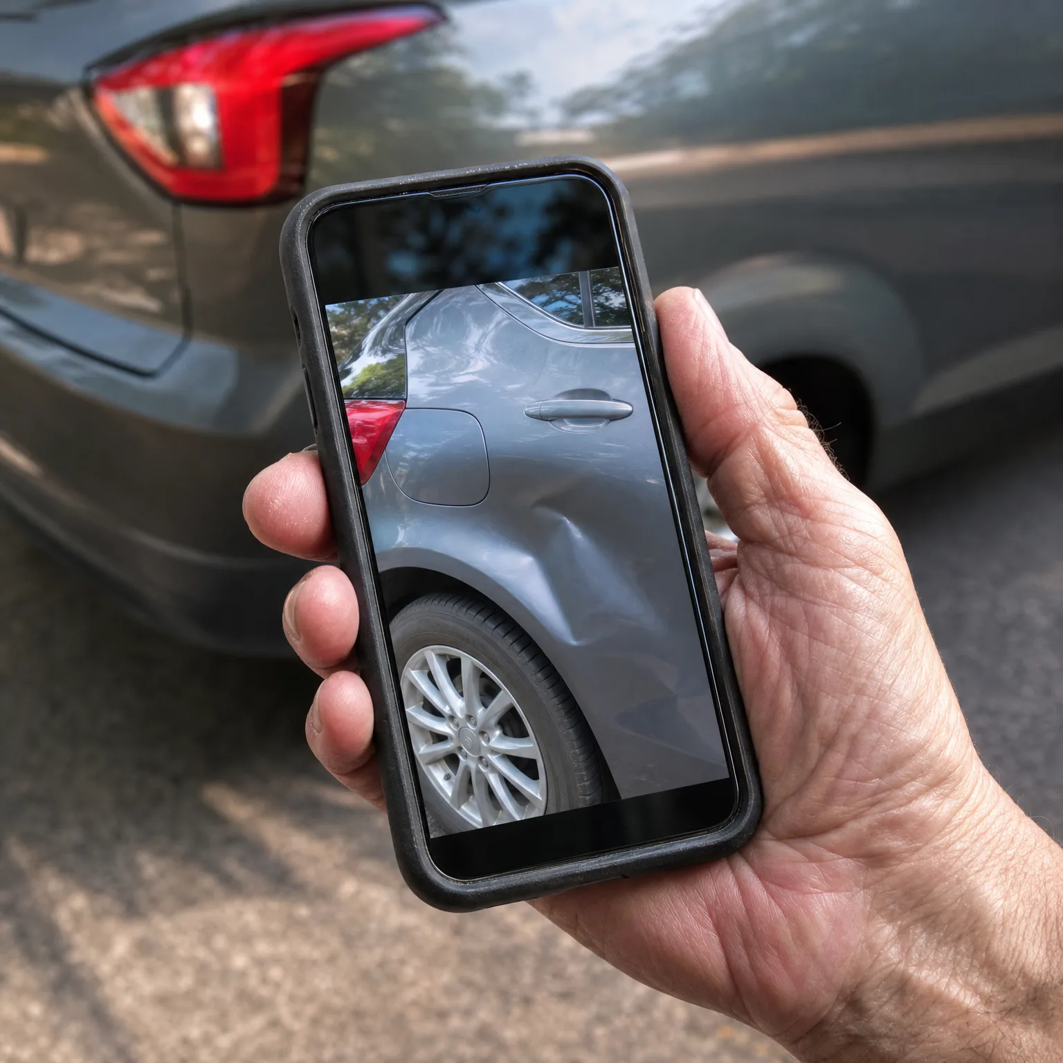 A hand holds a smartphone in a black case displaying a photo of a dented silver car panel, in front of a dark gray car parked on pavement.