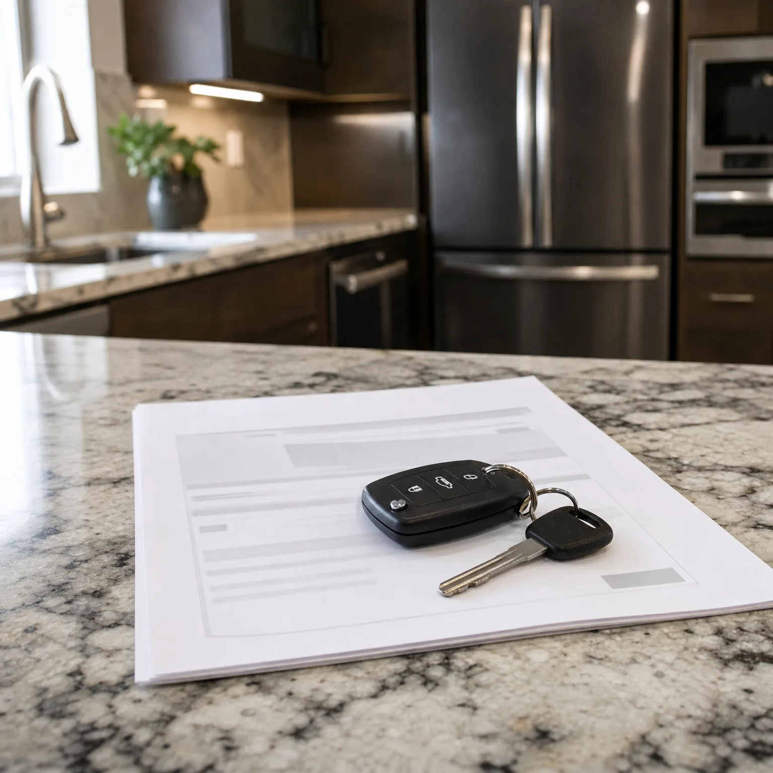 A black flip-style car key with a keyring and a second key resting on a stack of printed documents on a speckled granite countertop, with a kitchen and stainless steel appliances blurred in the background.