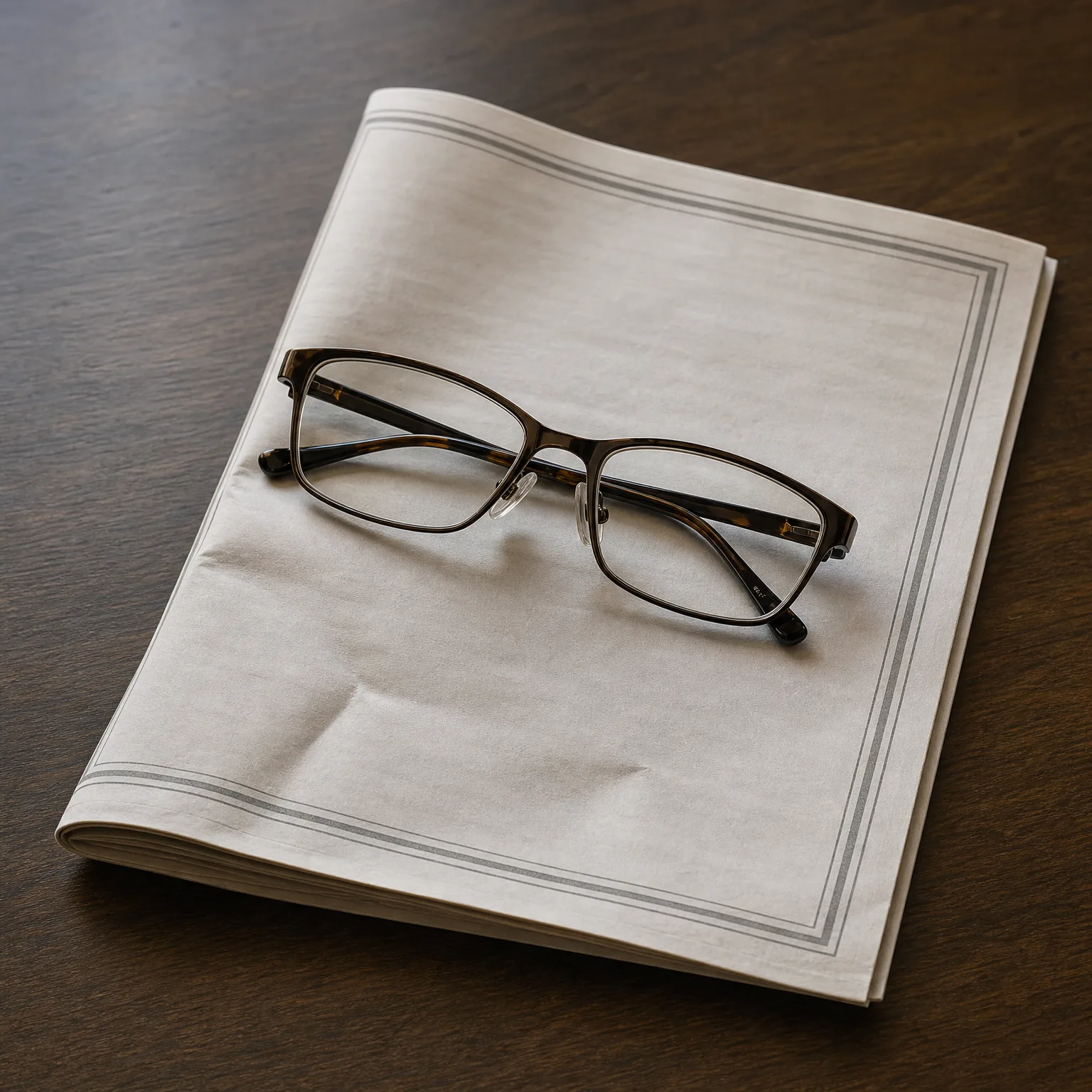 A pair of dark rectangular eyeglasses resting on a folded blank newspaper with thin printed border lines, on a dark wood table.