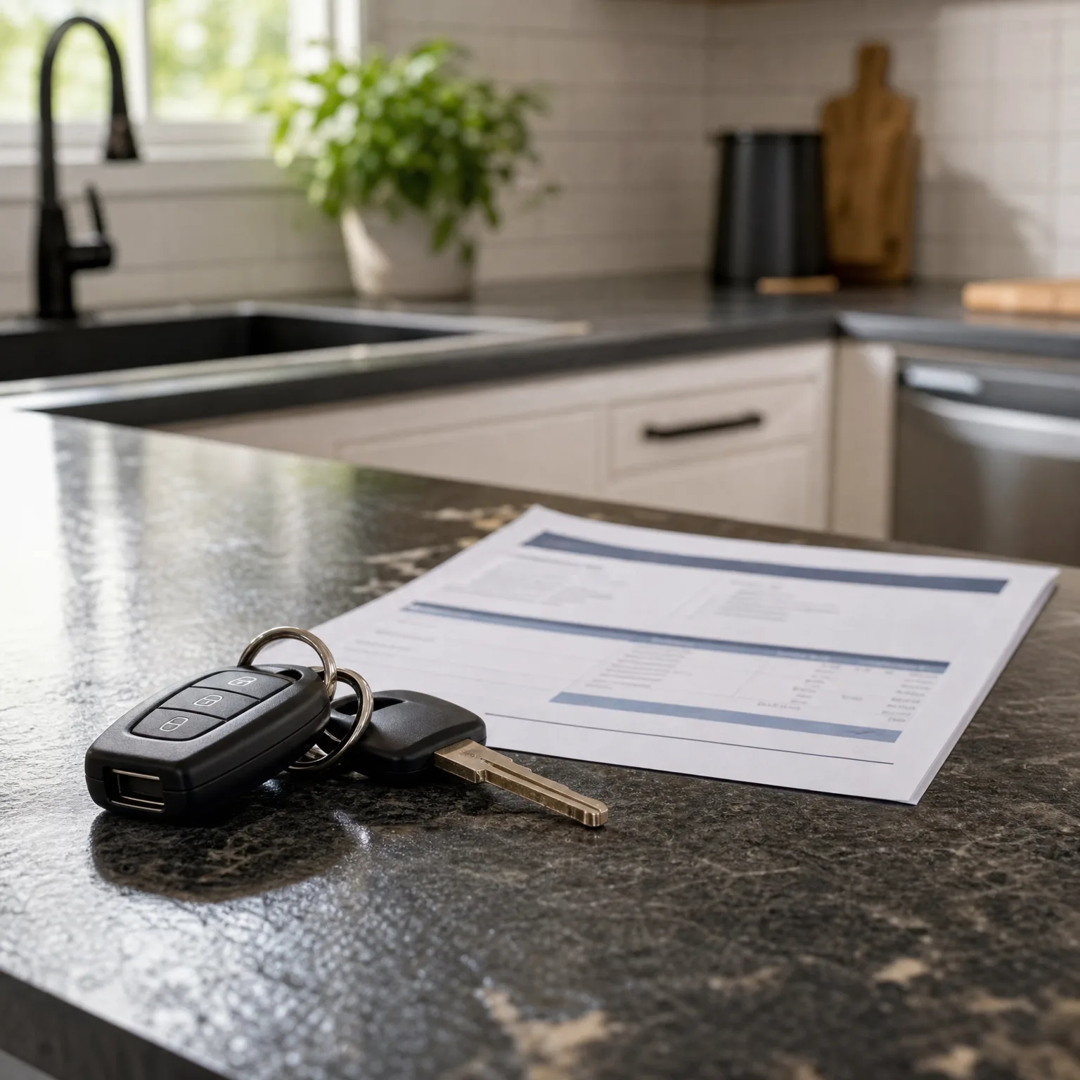 A car key fob and metal key on a dark speckled granite countertop beside a printed document, with a blurred kitchen sink, faucet, cabinets and potted plant in the background.