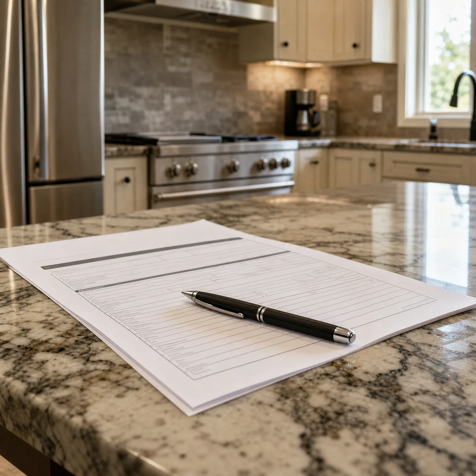 A multi-page printed form with a black pen resting on it lies on a granite kitchen island, with a stainless steel range, refrigerator, cream cabinets and a window in the background.