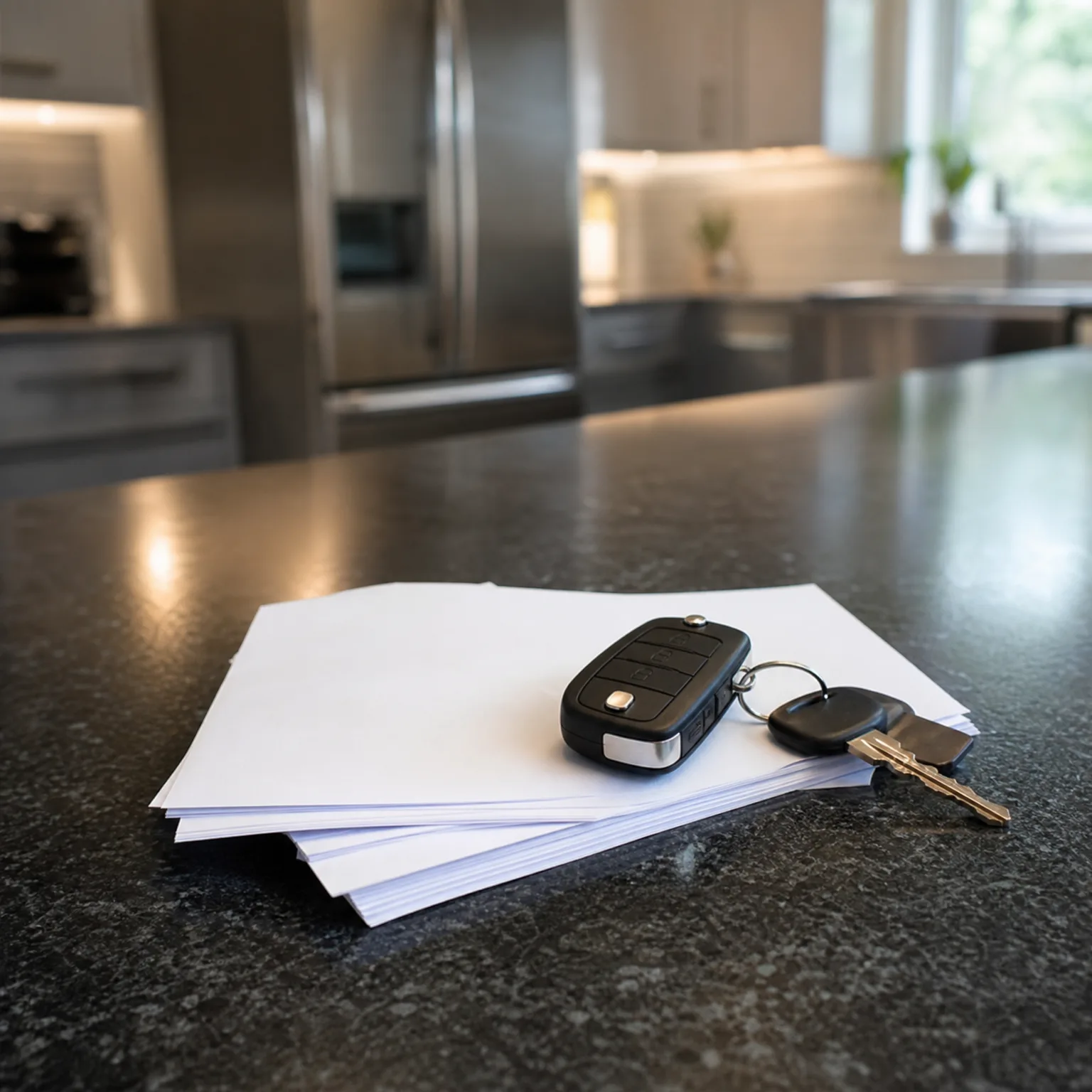 A black flip-style car key fob with a key on a ring rests on a stack of blank white papers atop a dark speckled granite countertop, with a blurred kitchen and stainless steel refrigerator in the background.