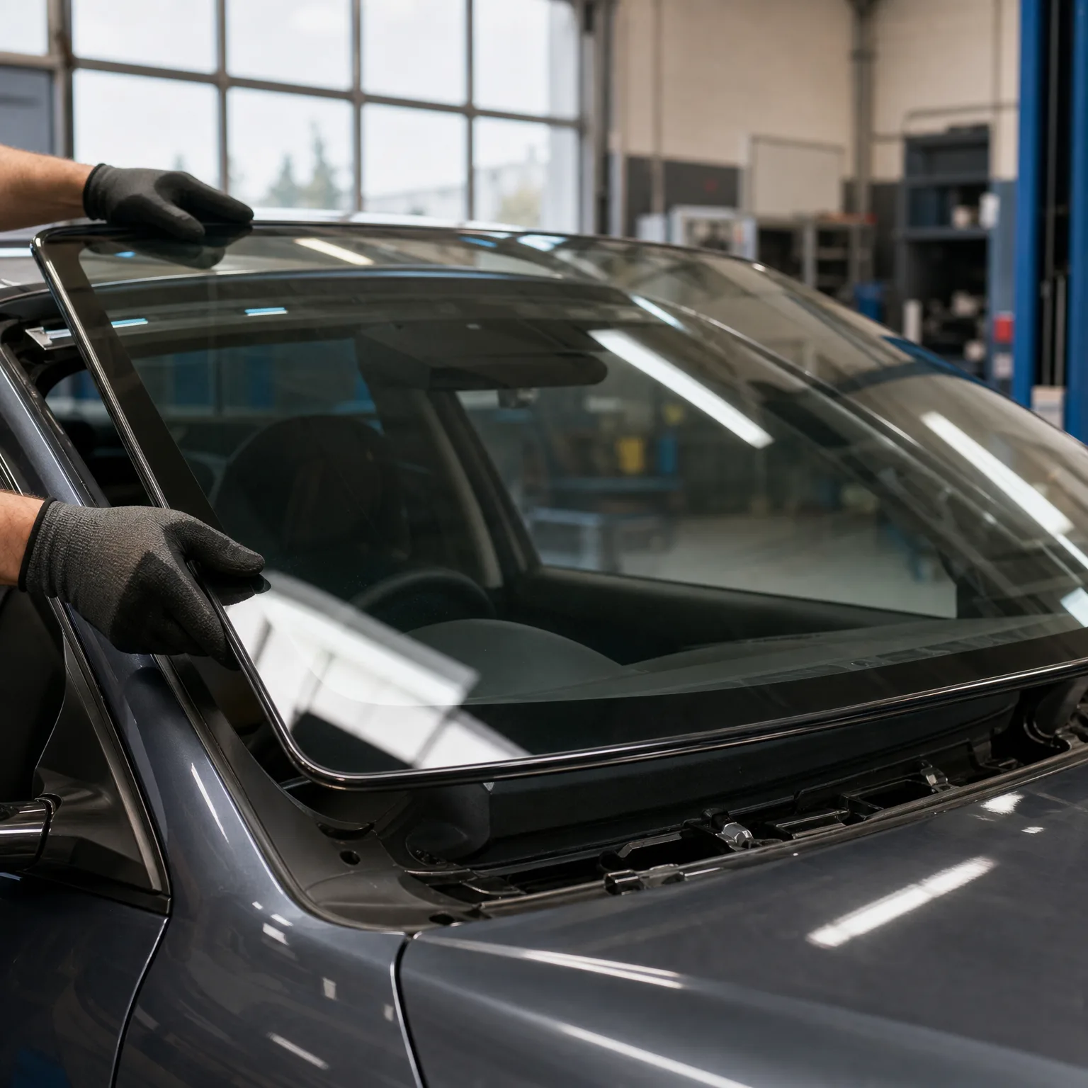 Gloved hands hold a windshield above the empty frame of a dark gray car inside a workshop with large windows.