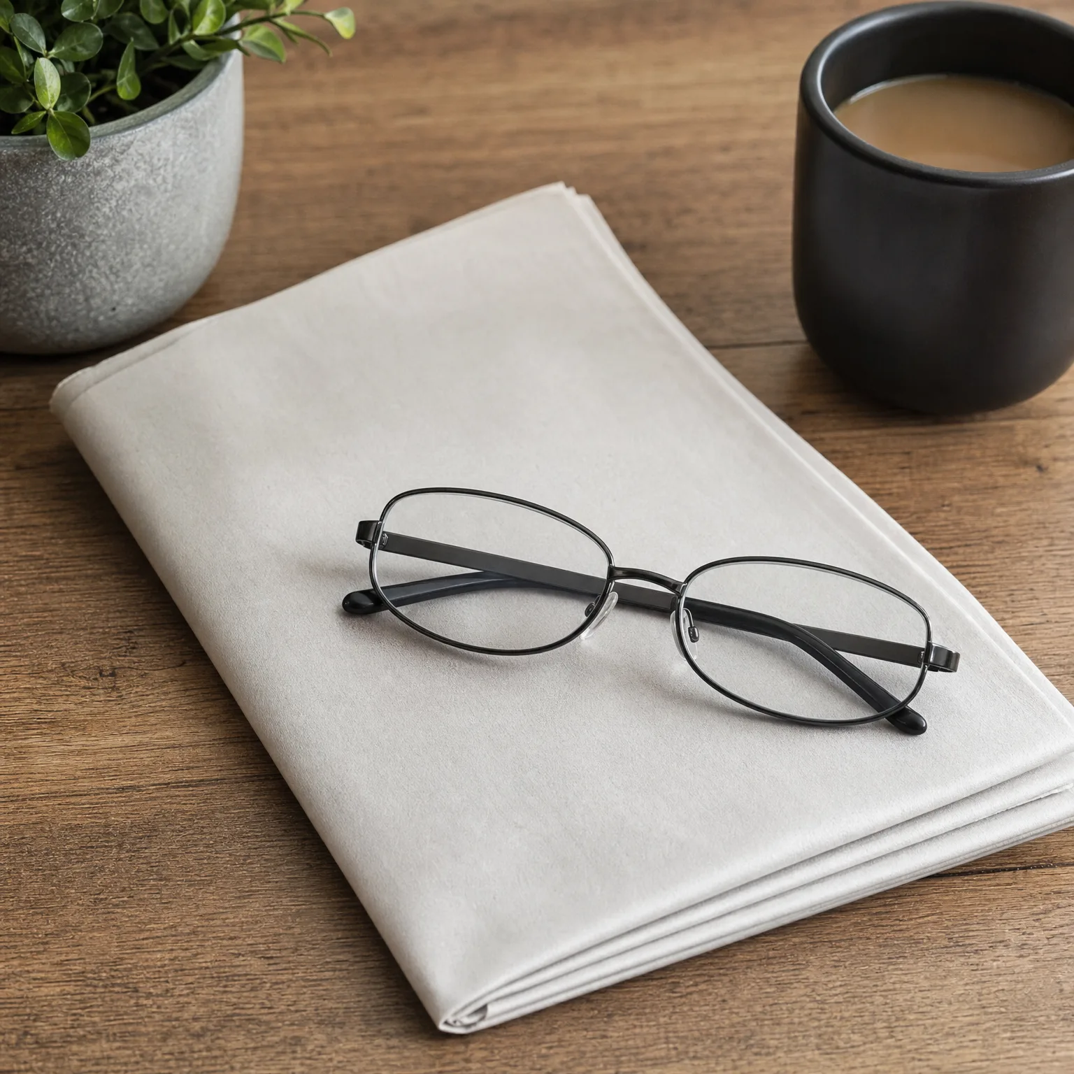 A pair of black metal-framed glasses rests on a folded white newspaper on a wooden table, with a dark mug of light-colored coffee and a potted green plant nearby.