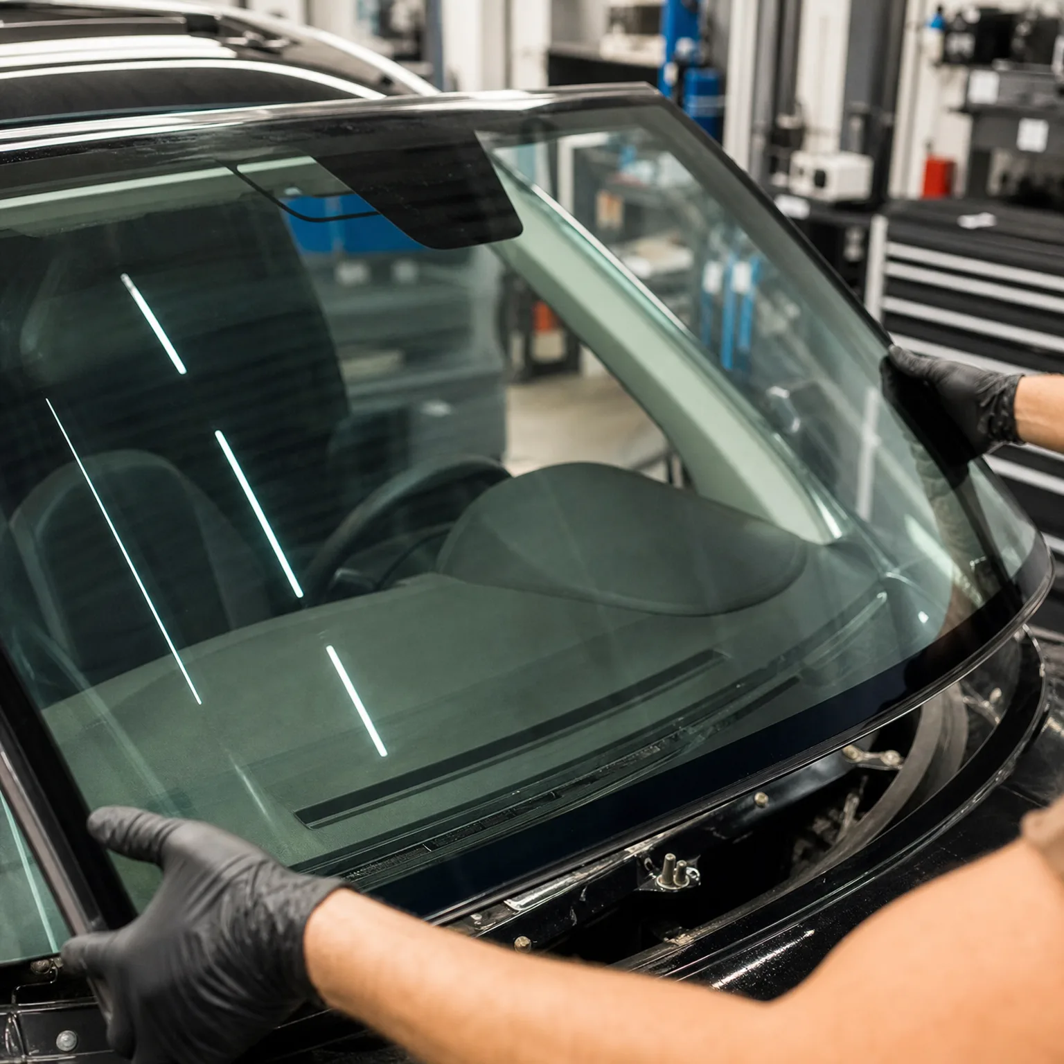 Gloved hands hold a windshield being positioned onto a vehicle body in an indoor workshop with tool cabinets in the background.
