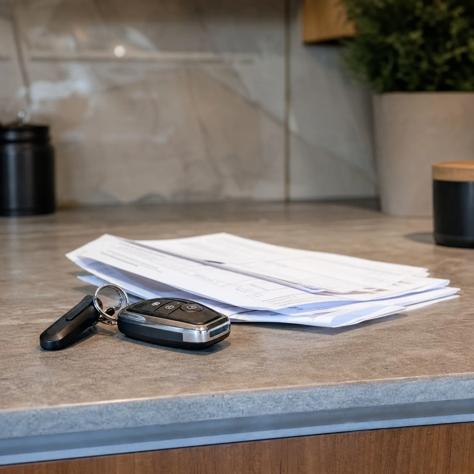 A black car key fob with keyring and a small black tag lies beside a stack of printed documents on a stone countertop, with a blurred potted plant and jars in the background.