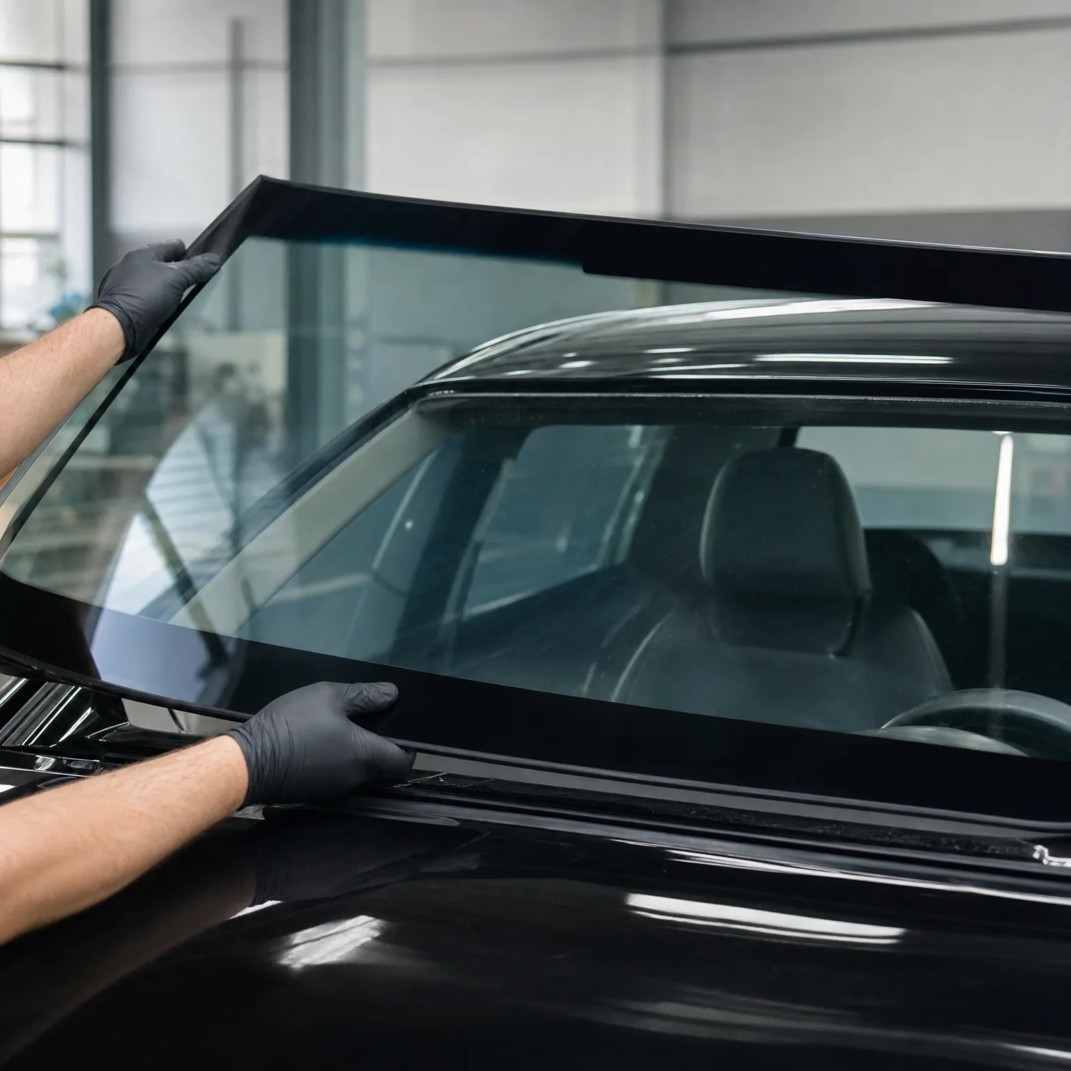 Two gloved hands lower a windshield onto the frame of a black car inside a bright indoor workshop.