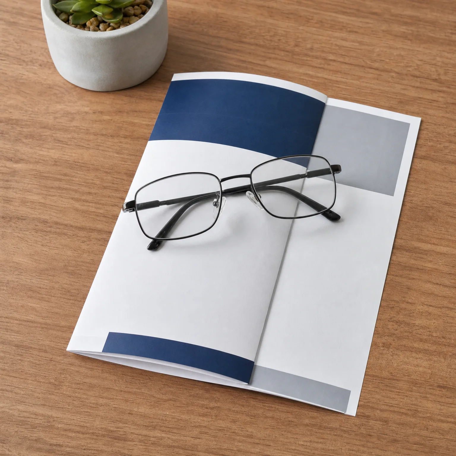 Black metal-framed eyeglasses resting on an open blank brochure with navy and gray blocks, on a wooden table beside a small succulent in a concrete pot.