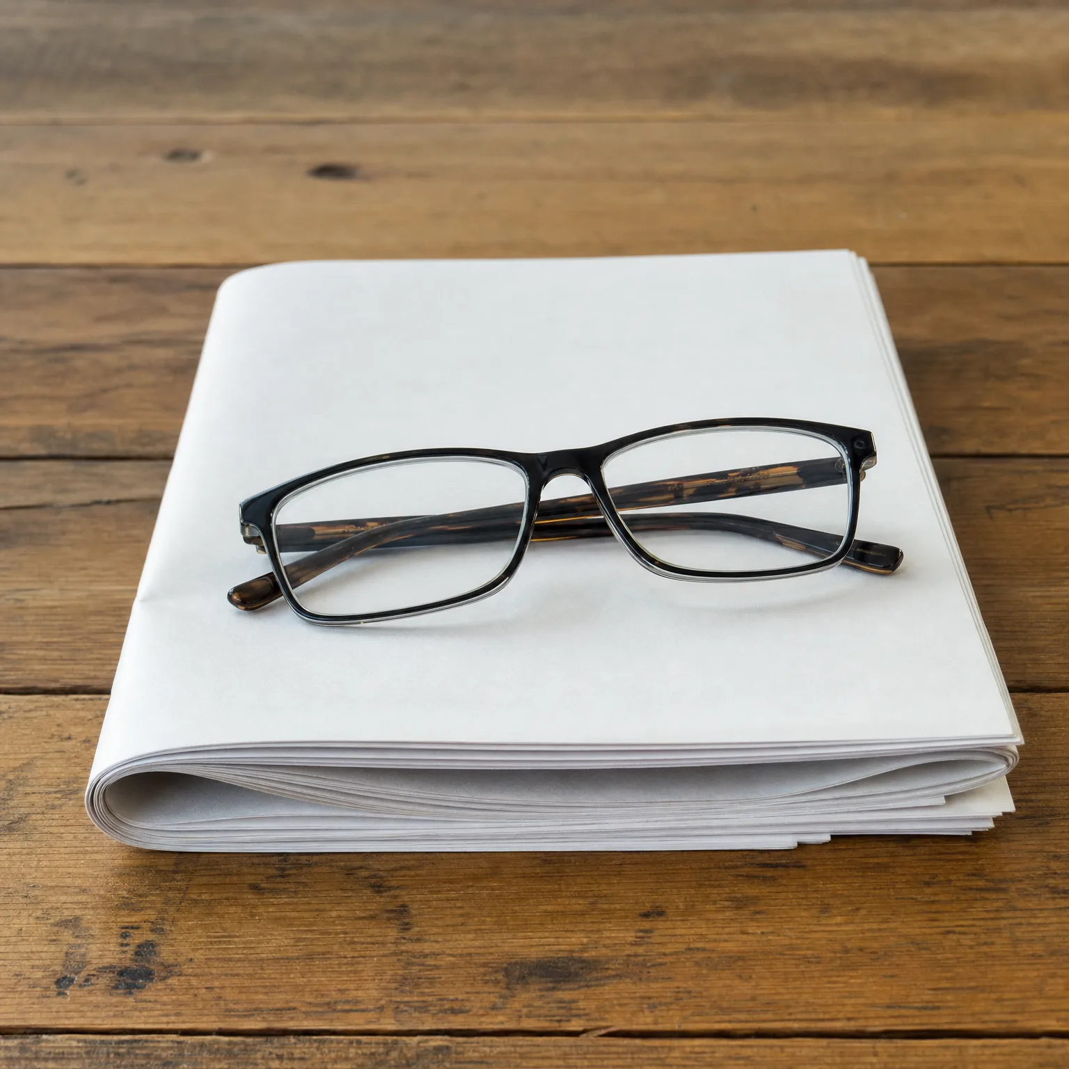 A pair of dark-framed eyeglasses resting on a folded stack of blank white newsprint on a weathered wooden table.