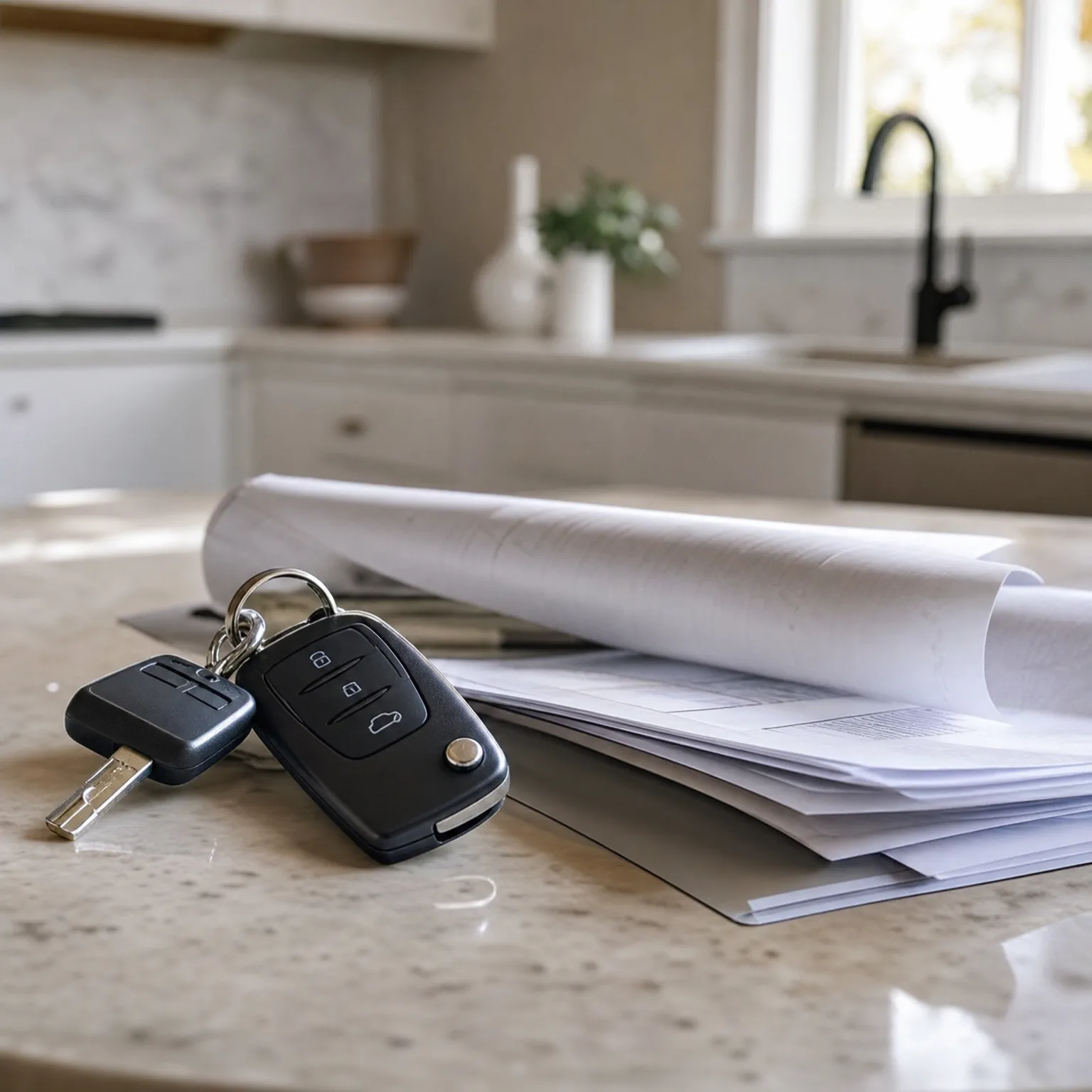 A black car key fob and keys on a speckled stone countertop beside a stack of papers and a rolled document, with a blurred white kitchen and sink behind.
