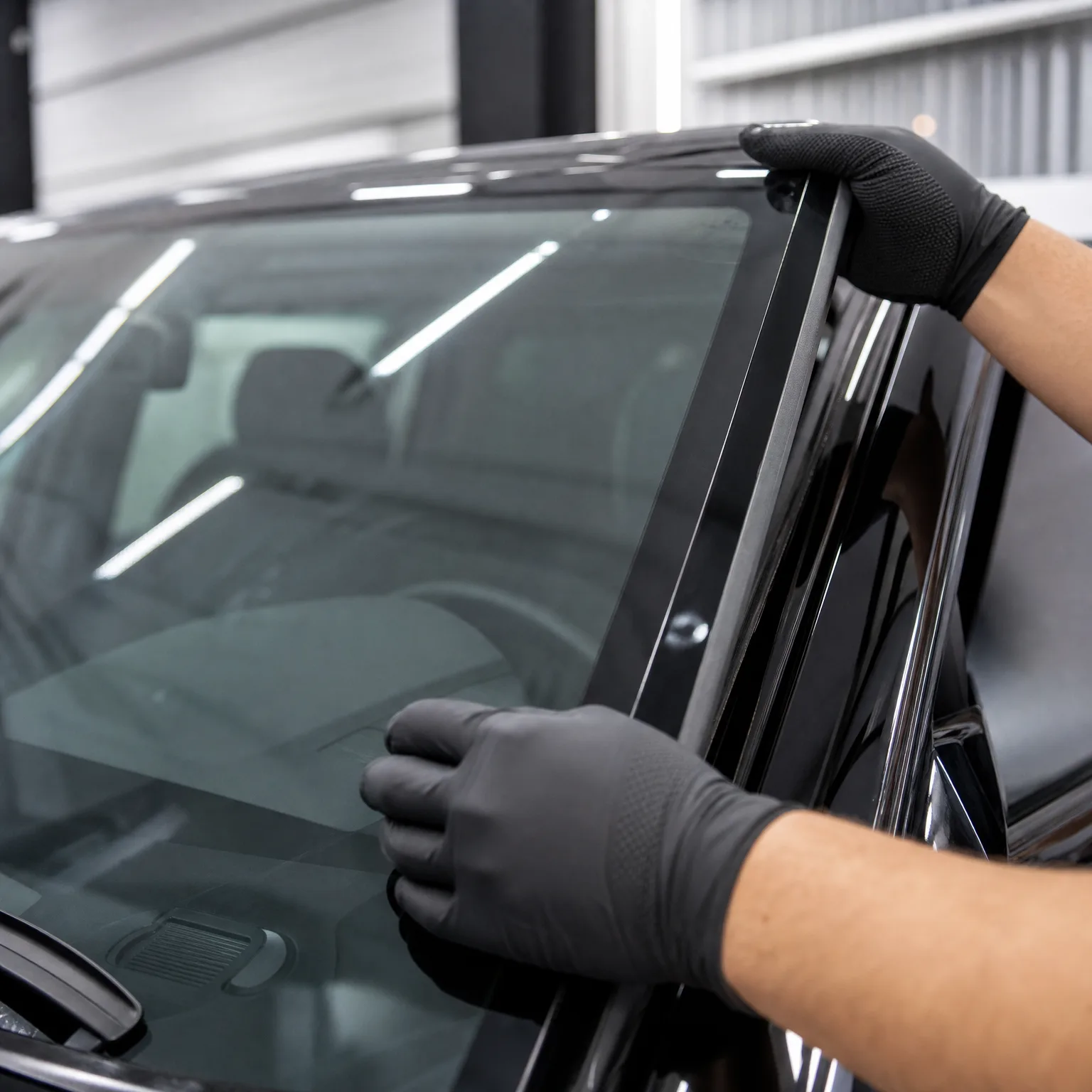 Two gloved hands hold a dark tinted film or panel against the side window frame of a black car, with the windshield and interior visible at left.