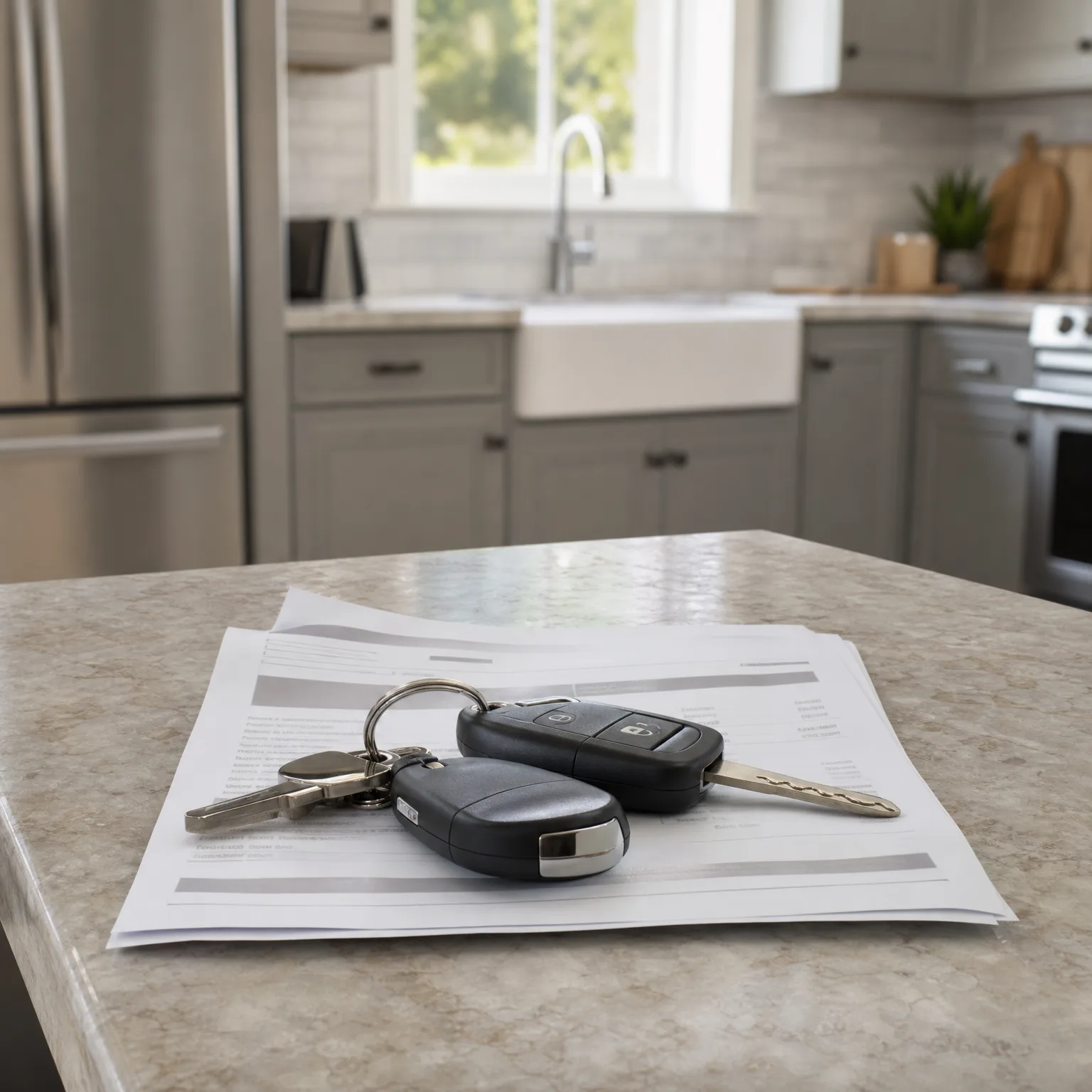 Two car keys with a key ring resting on a stack of printed documents on a speckled stone countertop, with a blurred kitchen sink and cabinets in the background.