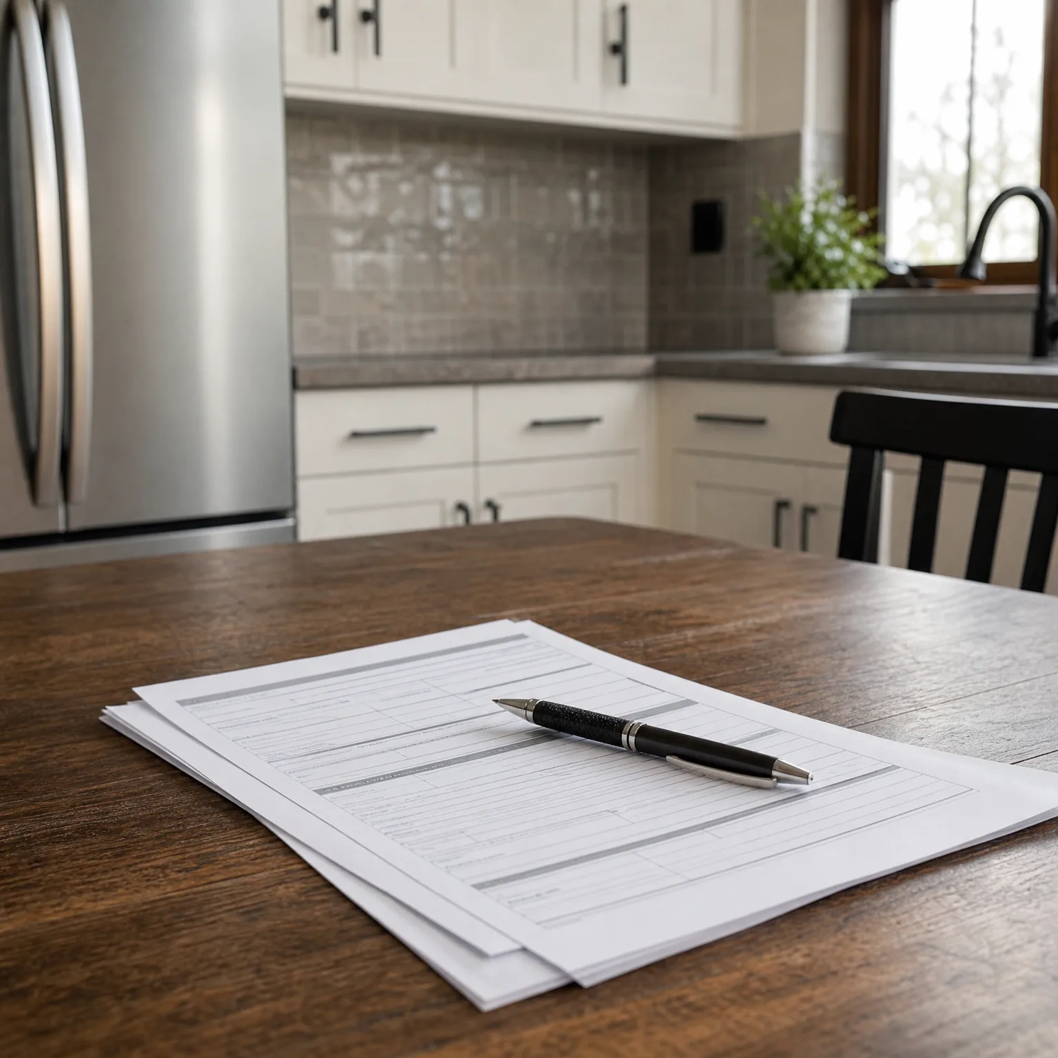 A pen rests on a stack of printed forms on a dark wooden table, with a blurred kitchen featuring white cabinets, tile backsplash, a stainless refrigerator, and a potted plant by a window in the background.
