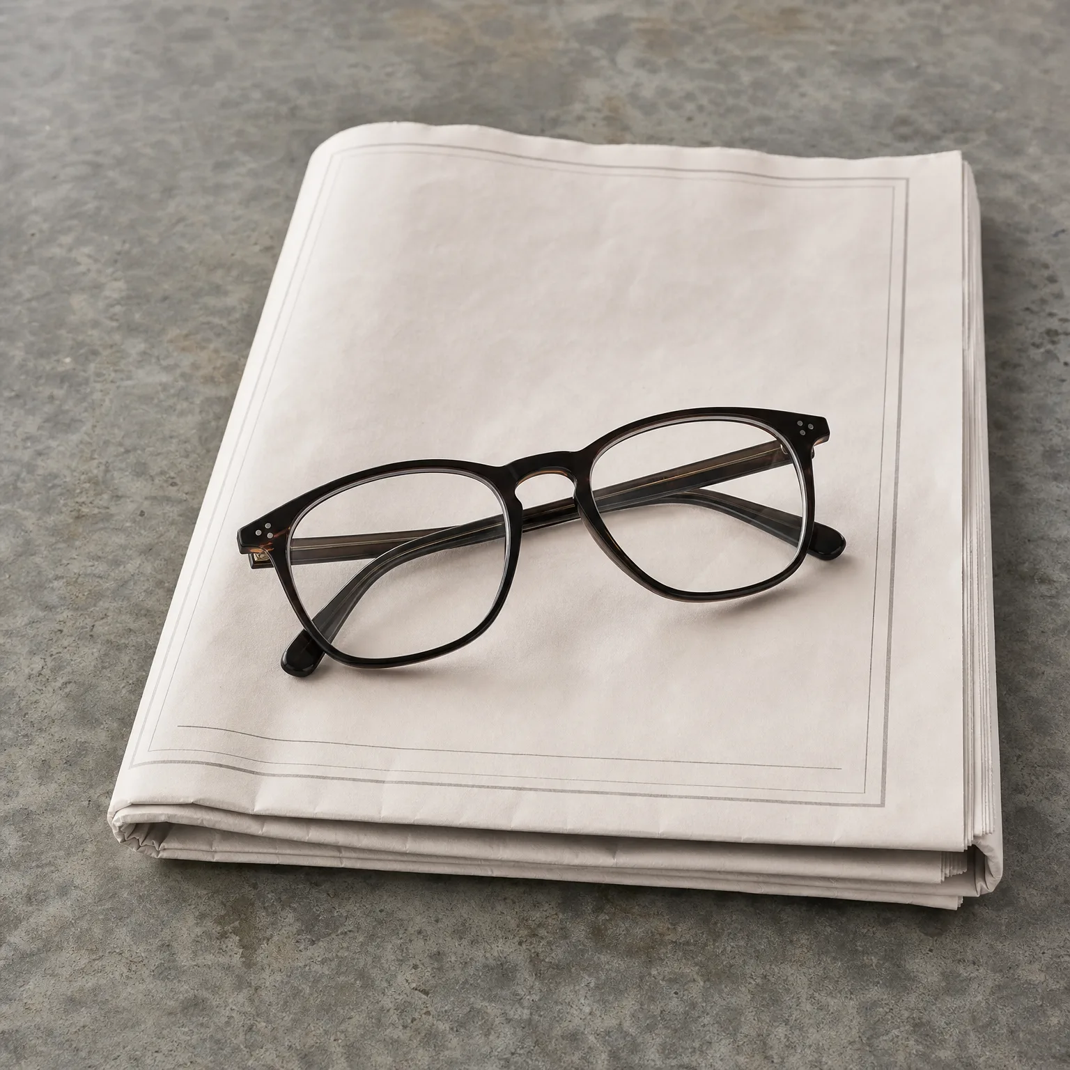 A pair of dark-rimmed eyeglasses resting on a folded stack of blank newspaper-like paper with thin border lines, on a gray concrete surface.