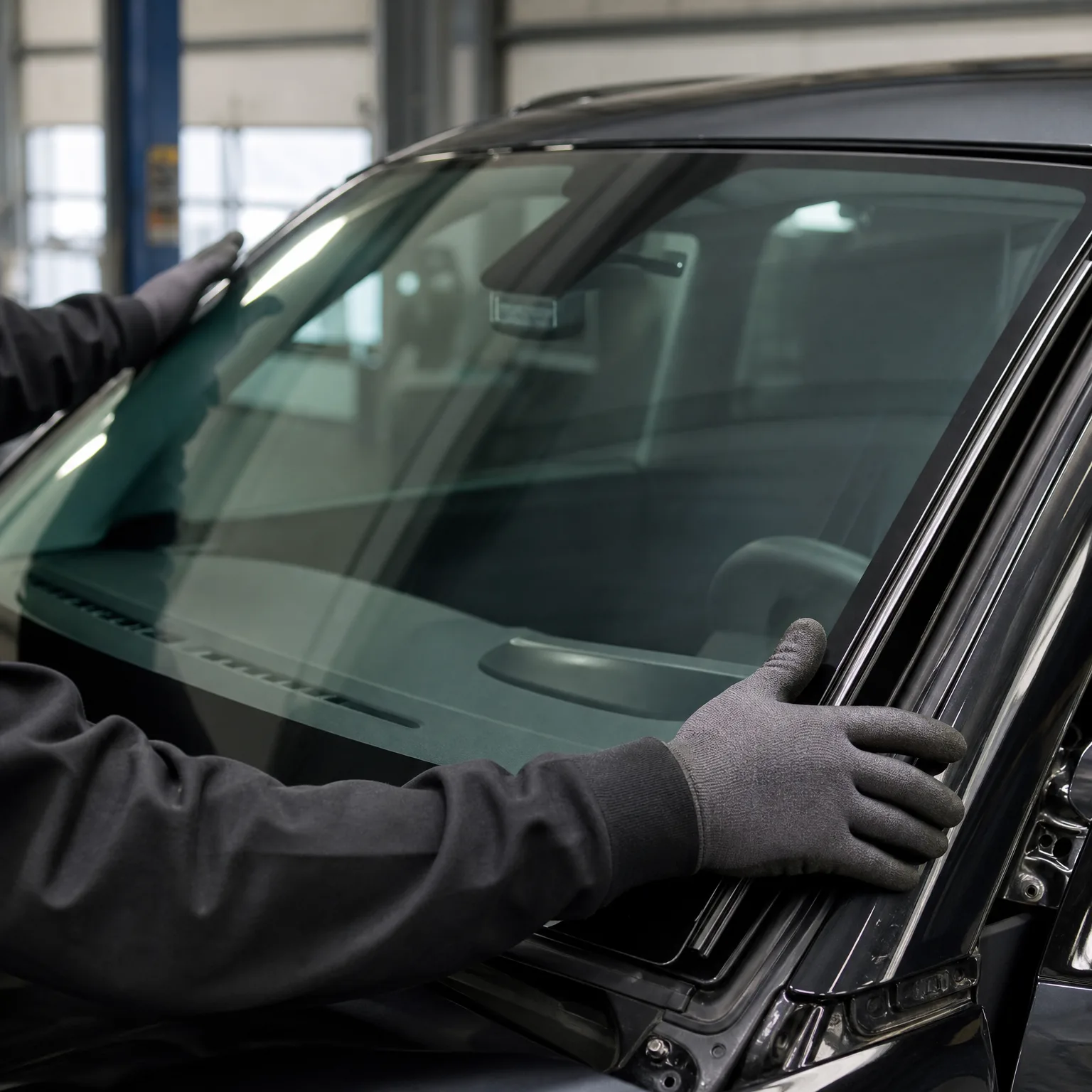 Gloved hands in dark sleeves hold a windshield in place on a dark car inside a workshop.