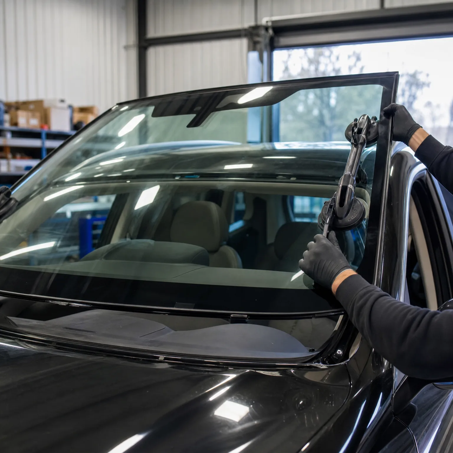 A person in dark gloves and a long-sleeved shirt uses suction-cup handles to position a windshield on a dark car inside a workshop.