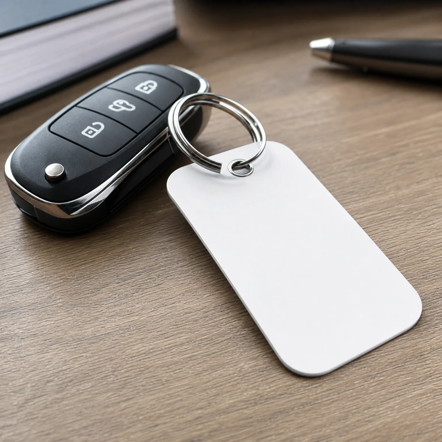 A black flip-style car key fob with lock and unlock buttons lies on a wood surface, attached by a split ring to a blank white rectangular tag, with a dark pen in the background.