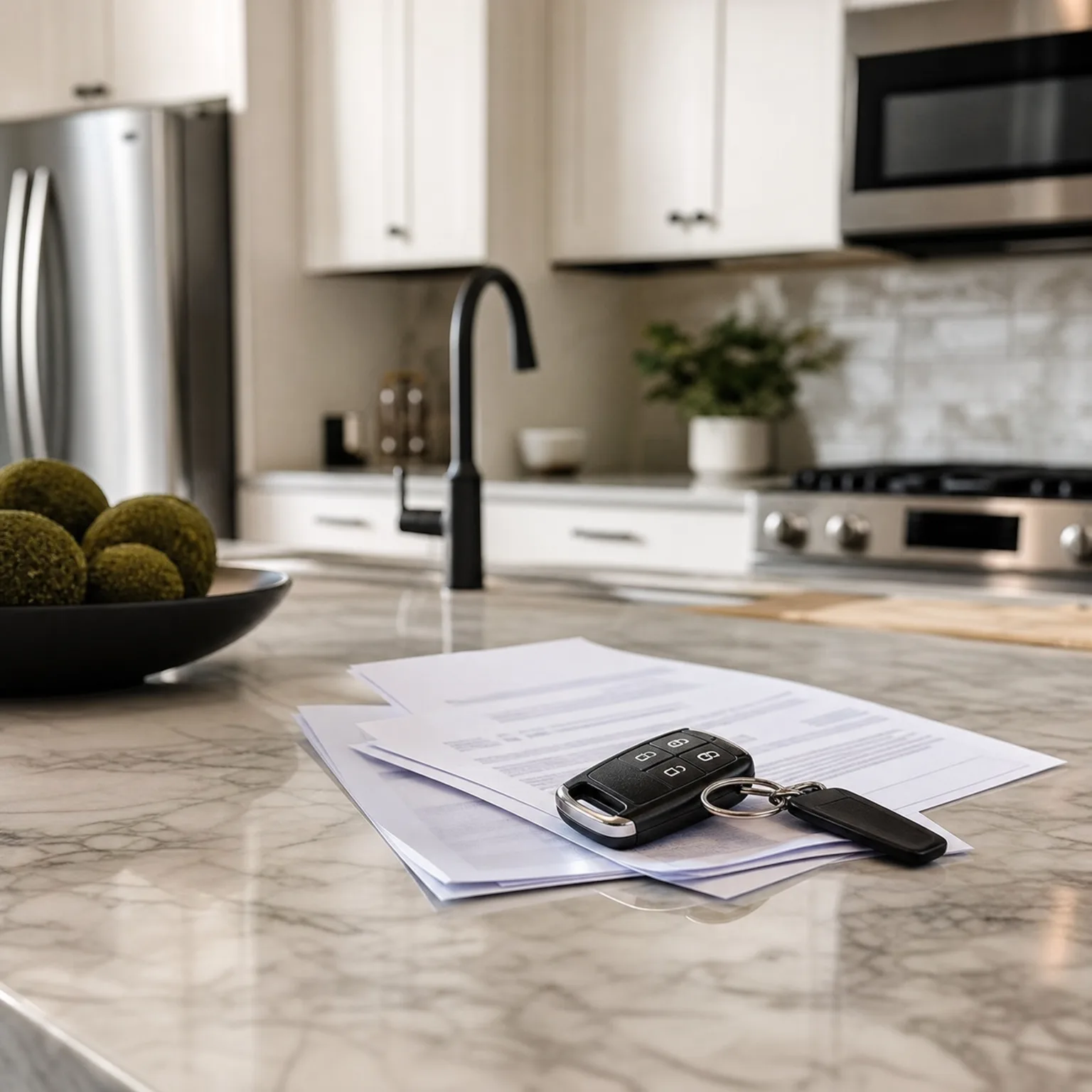 A black car key fob with a keychain rests on a small stack of printed documents on a marble countertop in a kitchen with white cabinets and stainless steel appliances in the blurred background.
