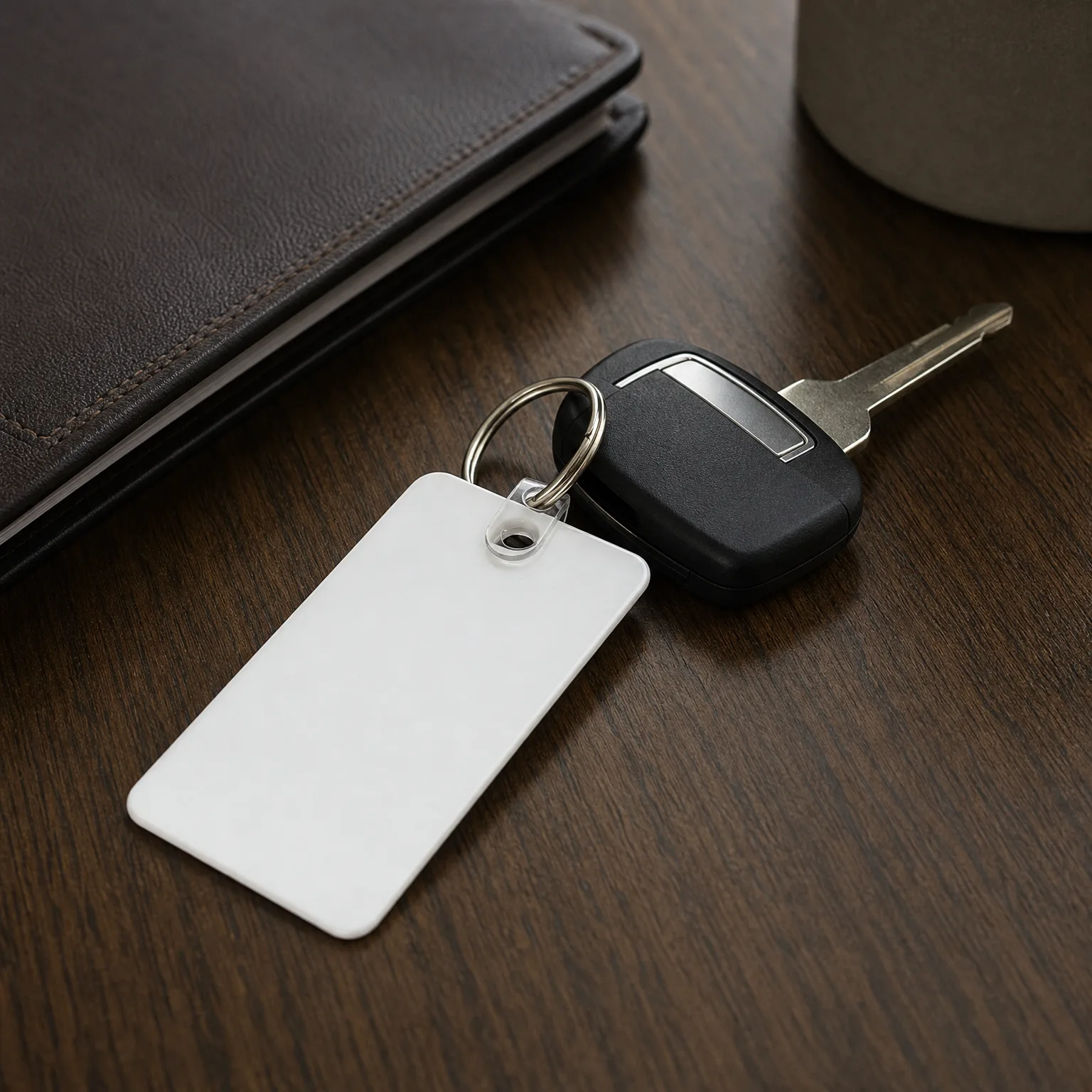 A blank white rectangular keychain tag attached by a split ring to a black car key, lying on a dark wood surface beside a brown leather wallet.