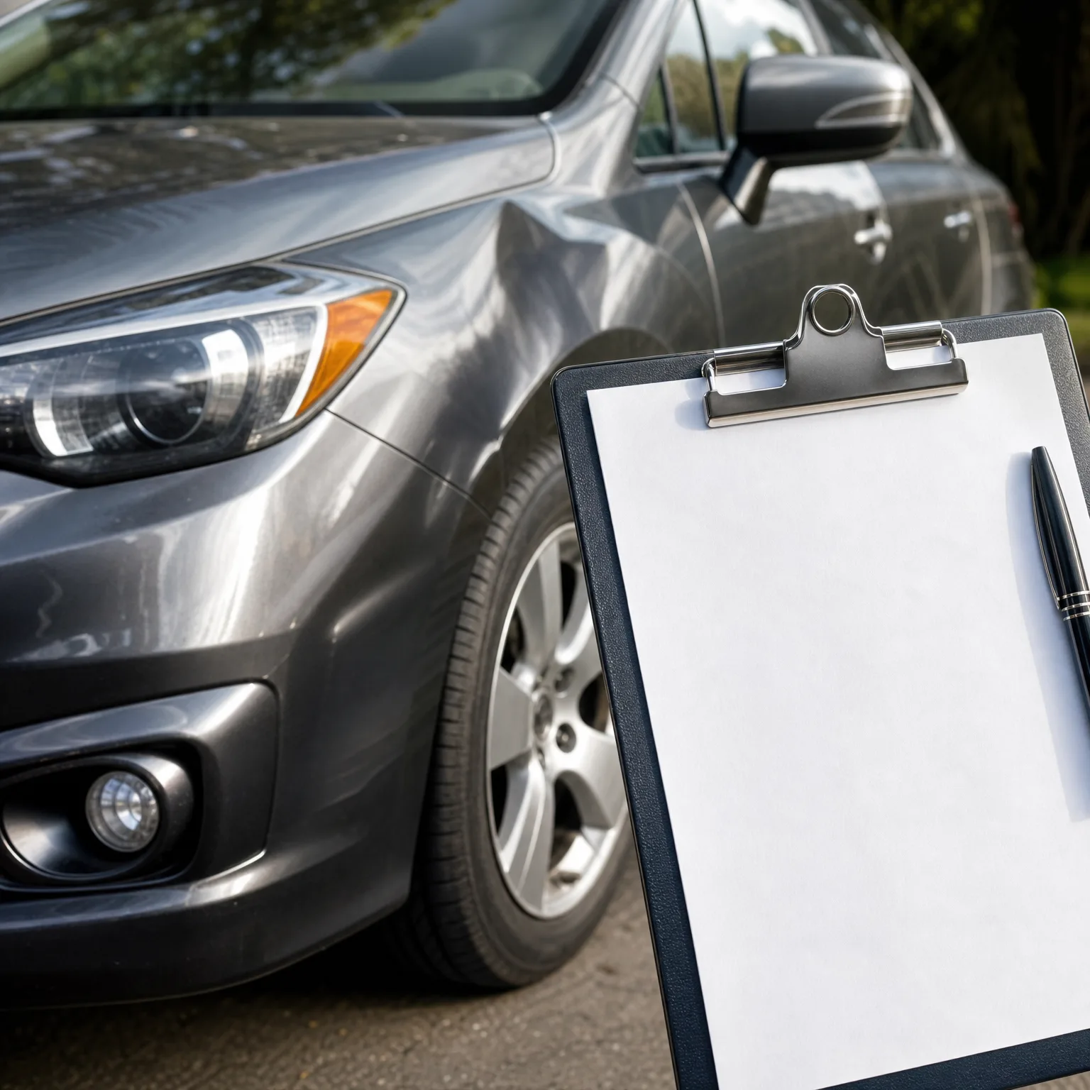 A clipboard holding a blank white sheet of paper with a black pen resting on it, held in front of the front end of a gray parked car.