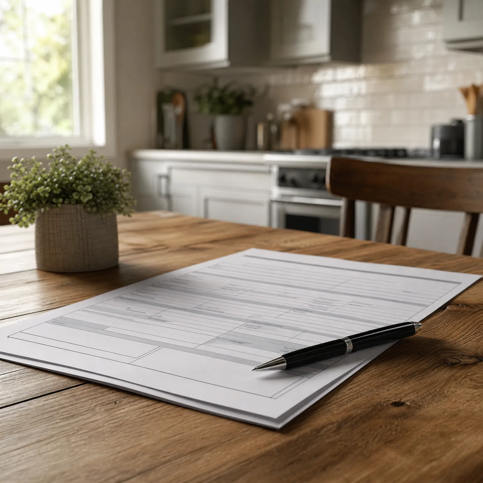 A printed form with blank tables and a black ballpoint pen rests on a wooden table in a kitchen with white cabinets, a tiled backsplash, a stove, a potted plant and a window.