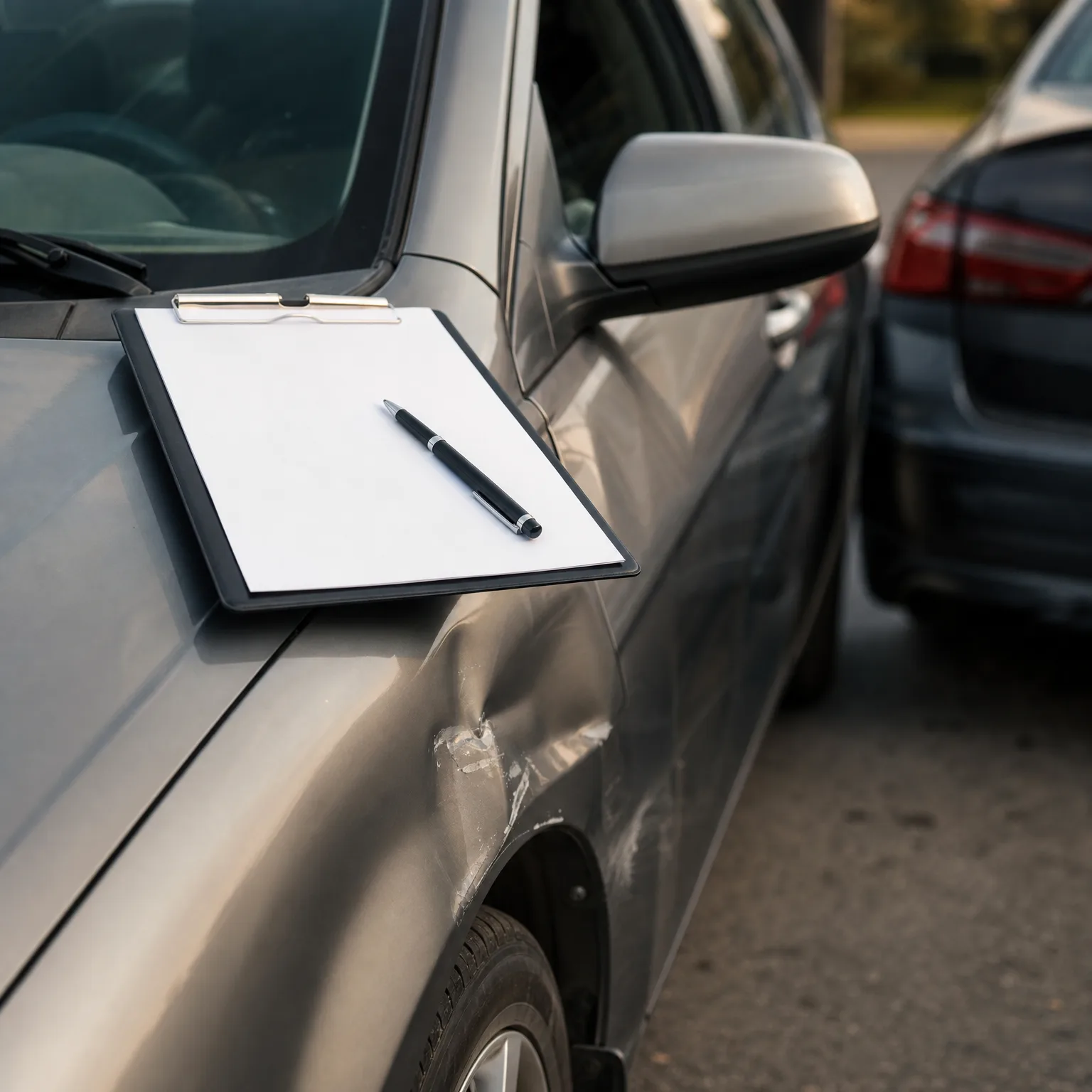 A clipboard with a blank sheet of paper and a black pen rests on the hood of a silver car with a dented, scraped front fender, with another dark car parked nearby.