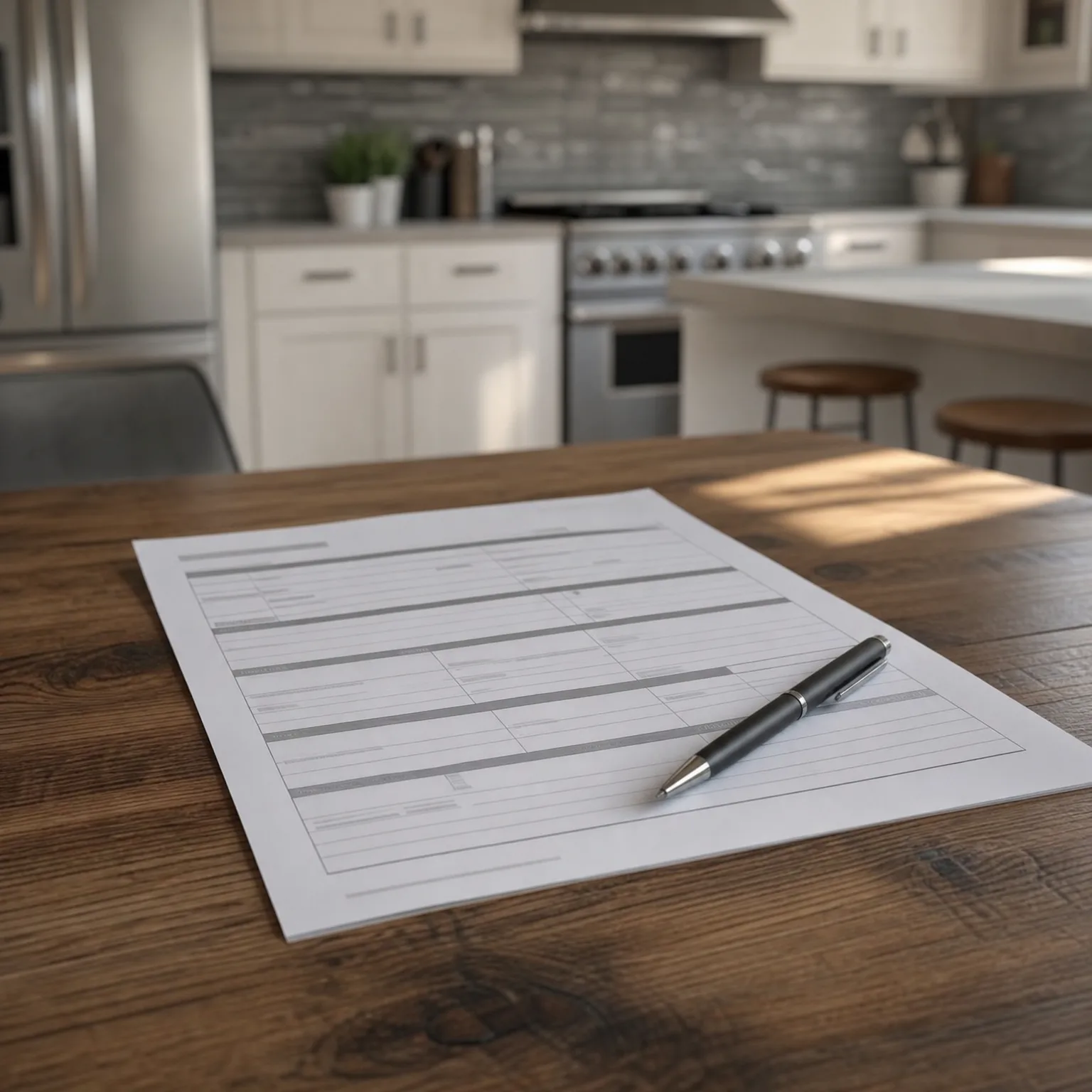A printed form with blank lines and a black pen rests on a dark wooden table in a kitchen with white cabinets, a stainless steel range and refrigerator, and stools at an island in the blurred background.